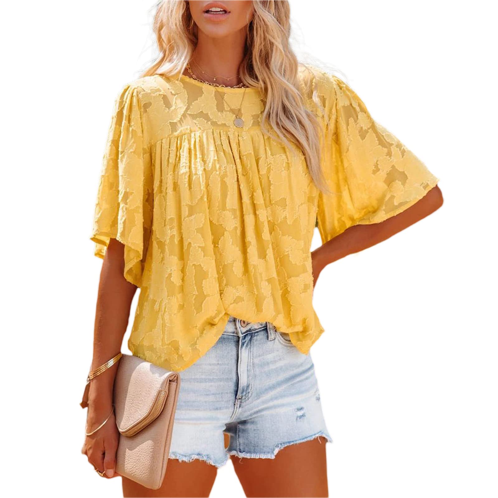 Women's Summer Chiffon T-Shirts - Flared Sleeve Crew Neck Blouses with Prints | Casual Loose Streetwear Tops for Beach, Vacation & Everyday Wear