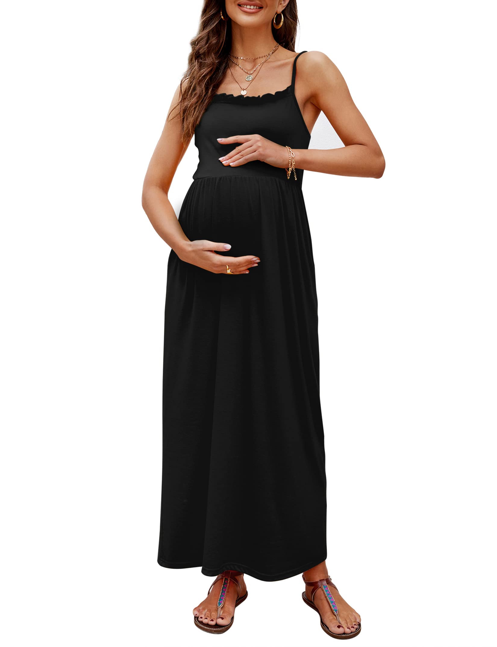 Maternity Maxi Dress for Women - Summer Casual Sleeveless Sundress with Adjustable Straps for Pregnancy, Baby Shower & Beach Vacation