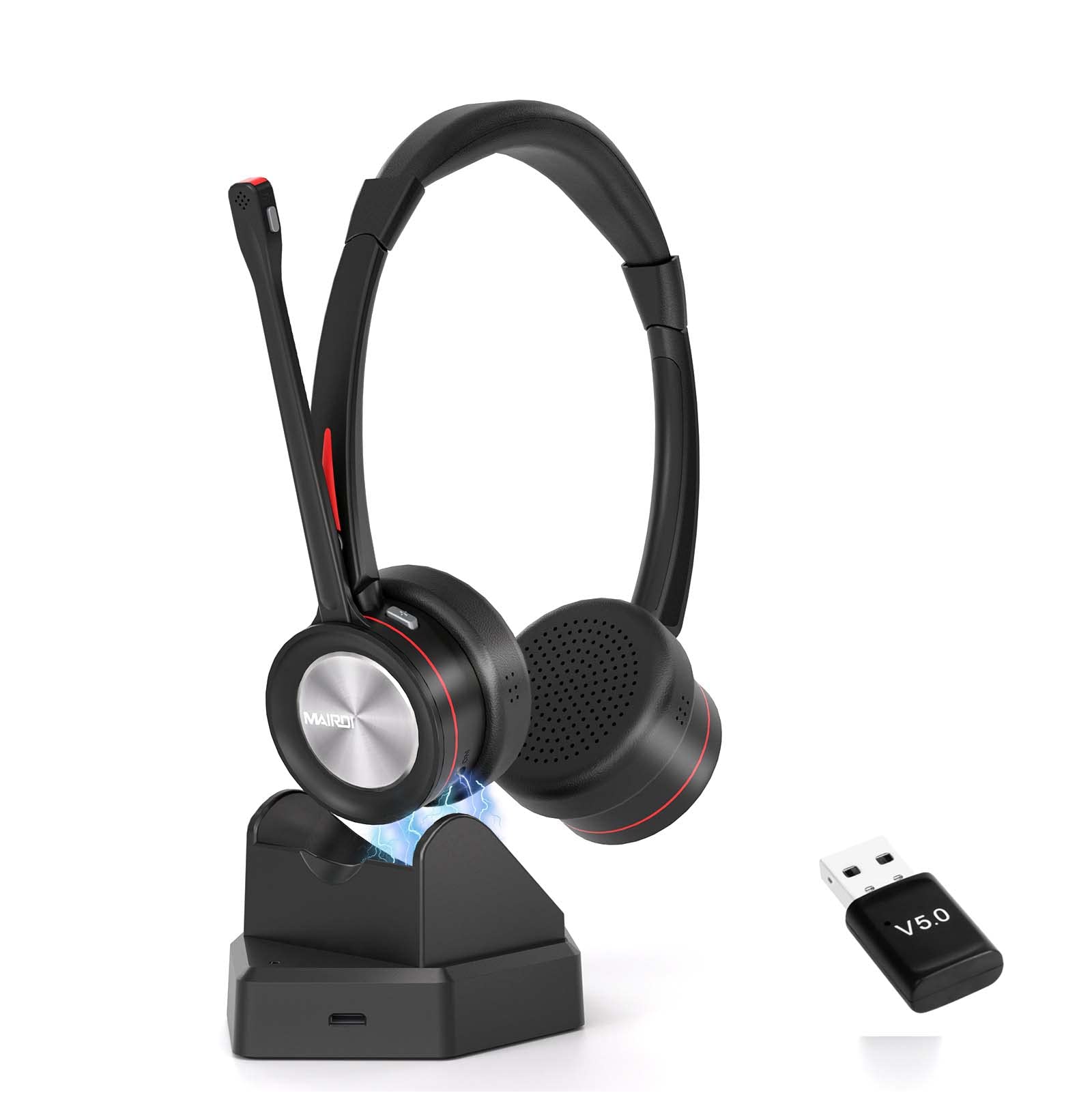 MAIRDI Wireless Bluetooth 5.2 Headset with Noise Canceling Microphone for PC - 40H Playtime, Compatible with Teams, Skype, Zoom, Jabber - Ideal for Truck Drivers, Office Work & Call Centers