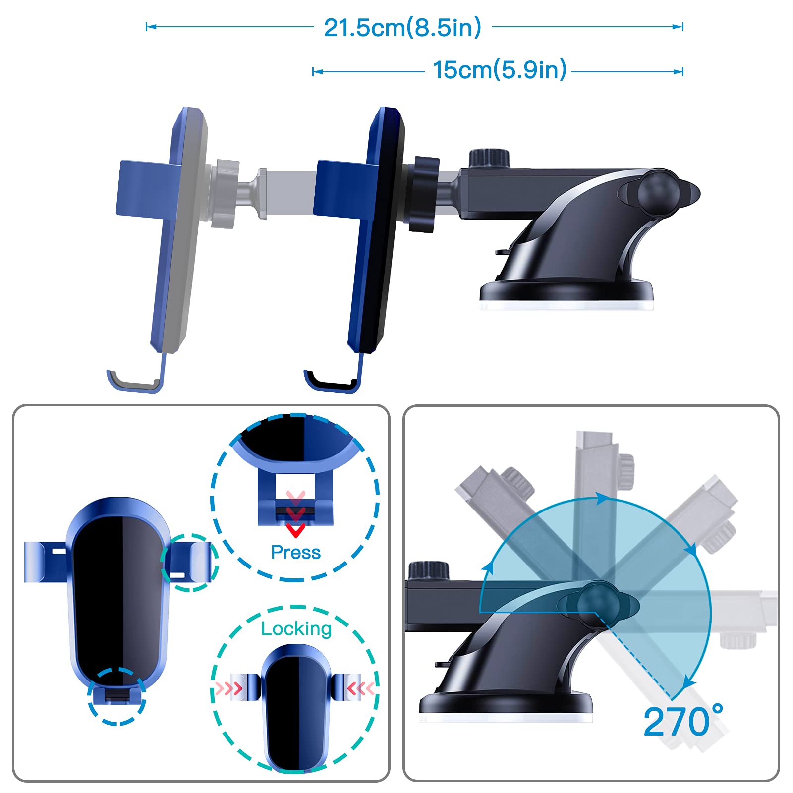 Upgraded Wipalor Car Phone Holder Mount - Auto-Clamp Dashboard & Windshield Mount, Air Vent Cell Phone Holder with Long Arm & Strong Suction - Compatible with iPhone, Samsung & More - Perfect for Hands-Free Driving & GPS Navigation
