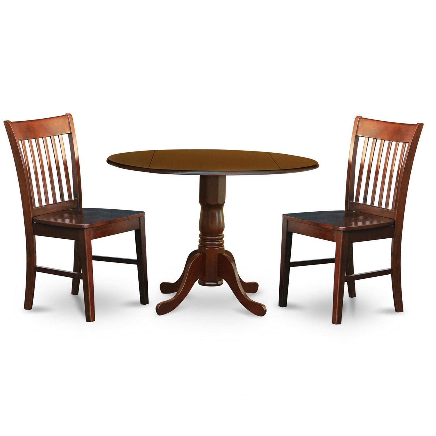 East West Furniture DLNO3-MAH-W 3-Piece Round Drop Leaf Kitchen Table Set with 2 Chairs for Small Spaces, 42x42 Inch, Mahogany - Perfect for Breakfast Nooks, Studio Apartments & Cozy Dining Areas