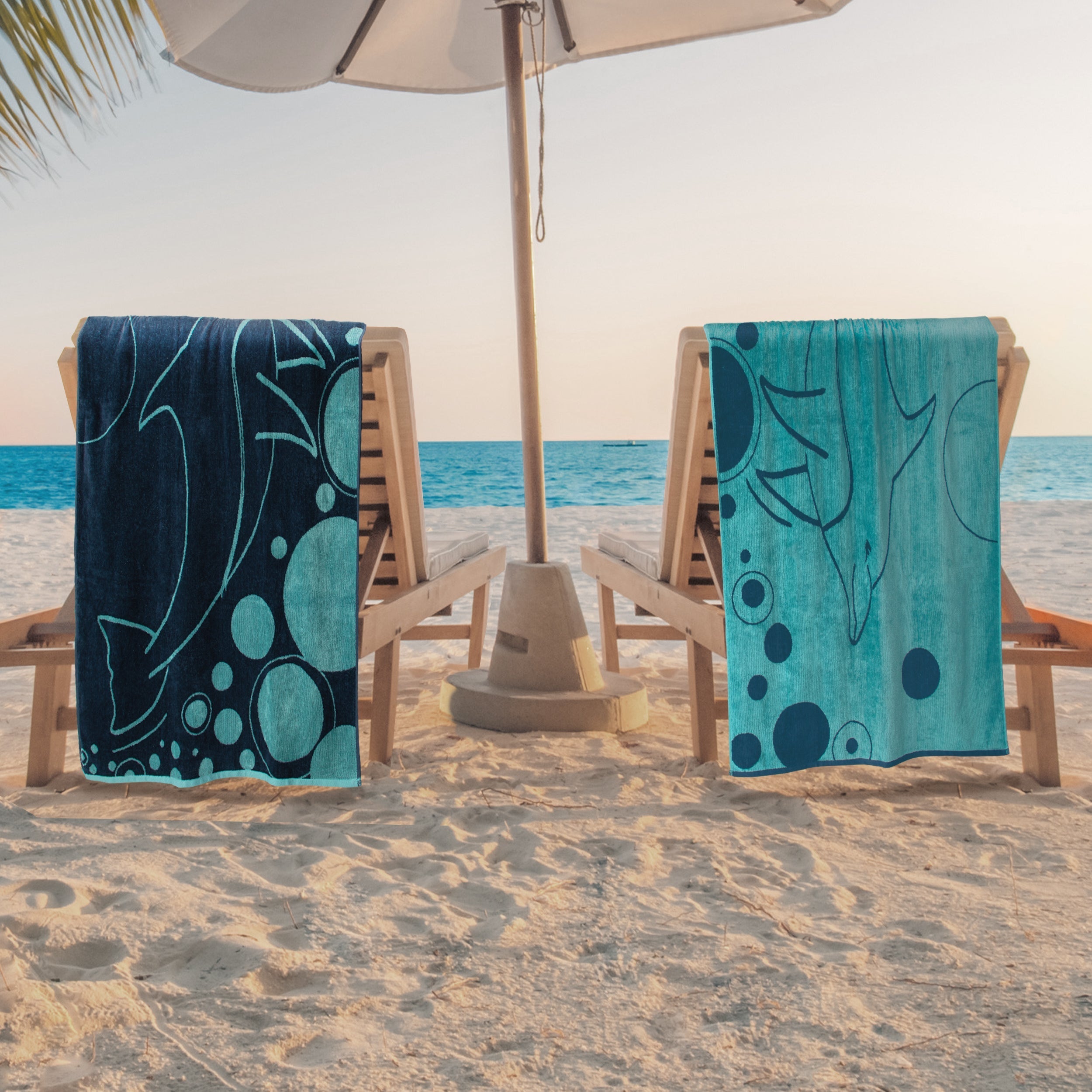 Mystic Dolphin Cotton Oversized 4-Piece Beach Towel Set - Soft, Absorbent & Quick-Drying for Pool, Beach, Yoga & Gym - Blue Ocean Design