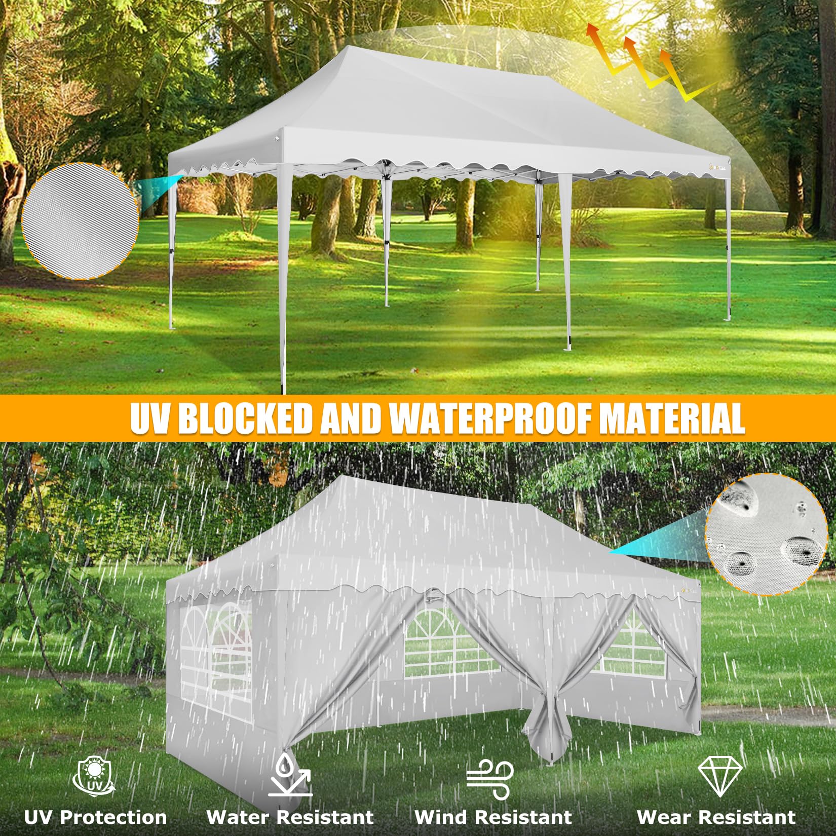 HOTEEL 10x20 Pop Up Canopy Tent - Waterproof & Easy Setup with 6 Sidewalls, 4 Sandbags & Wheeled Carry Bag | Sunproof Outdoor Shelter for Backyard Parties, Weddings, Events, Patio Gatherings & Camping | White Instant Canopy for Commercial or Personal Use