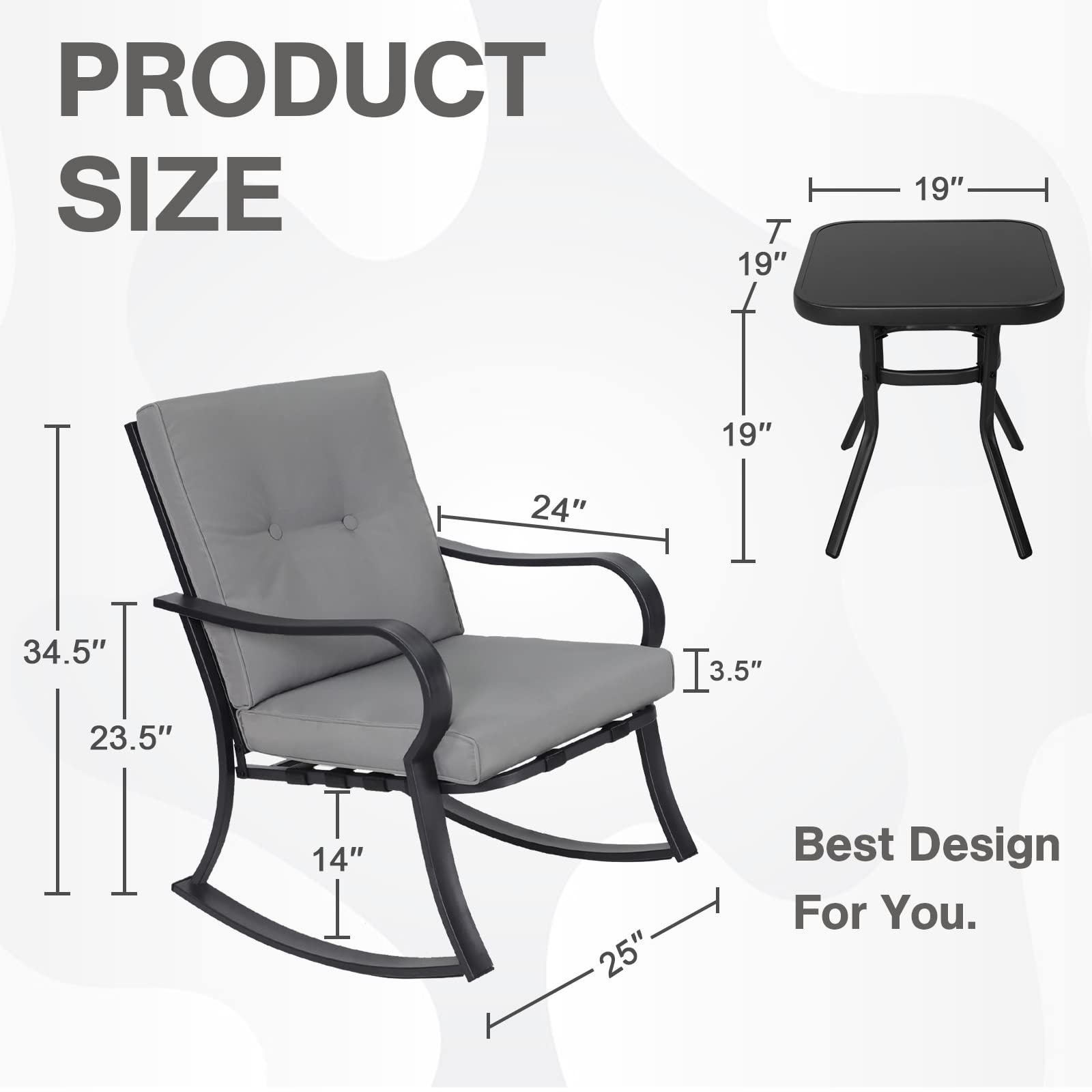 **Outdoor 3-Piece Rocking Chair Set - 2 Black Steel Rocking Chairs with Cushions & Glass Top Coffee Table - Grey Patio Bistro Furniture for Garden, Porch, or Backyard Relaxation**