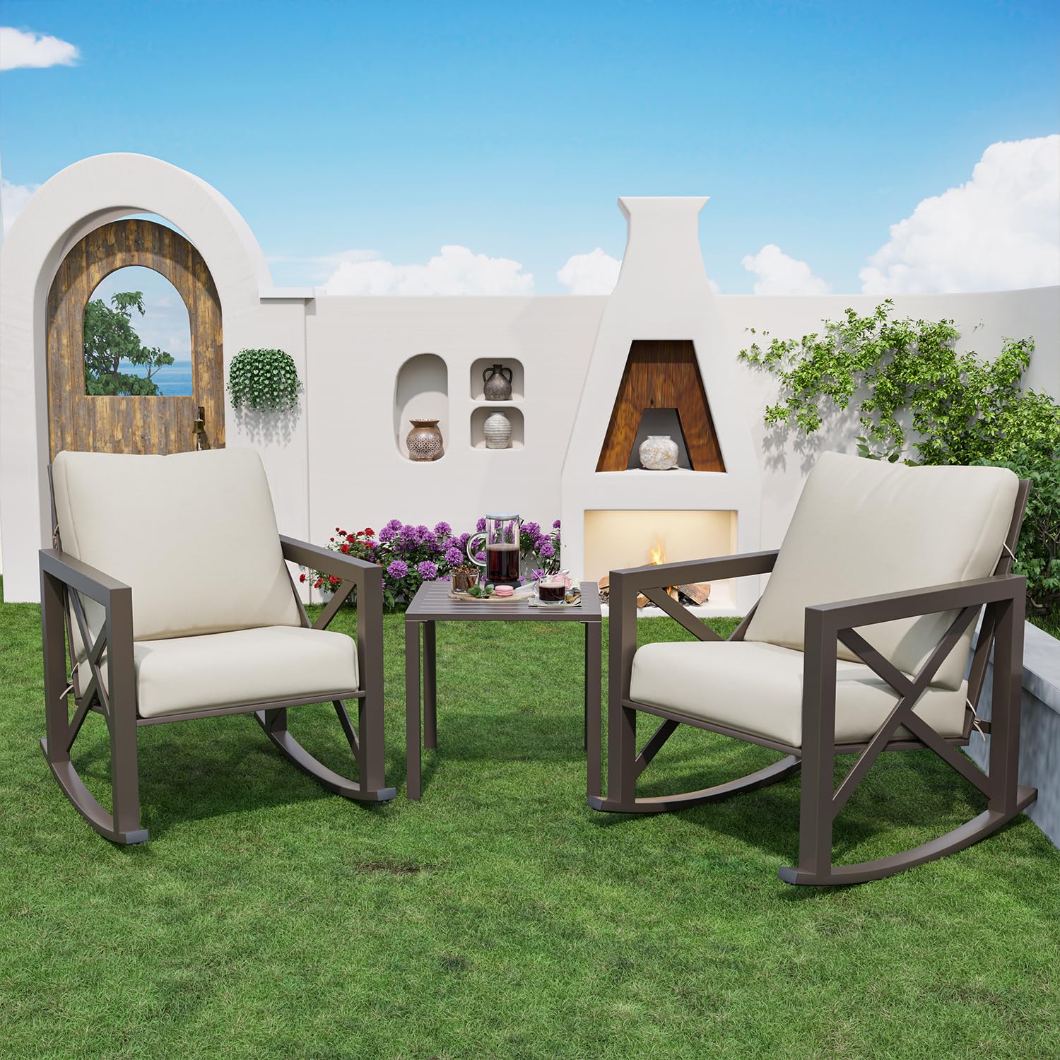 3-Piece Outdoor Rocking Bistro Set with 2 Rocking Chairs & Metal Coffee Table - Rattan Patio Furniture with Thick Cushions for Backyard, Porch, Poolside (Beige) | Perfect for Relaxing, Entertaining & Outdoor Dining