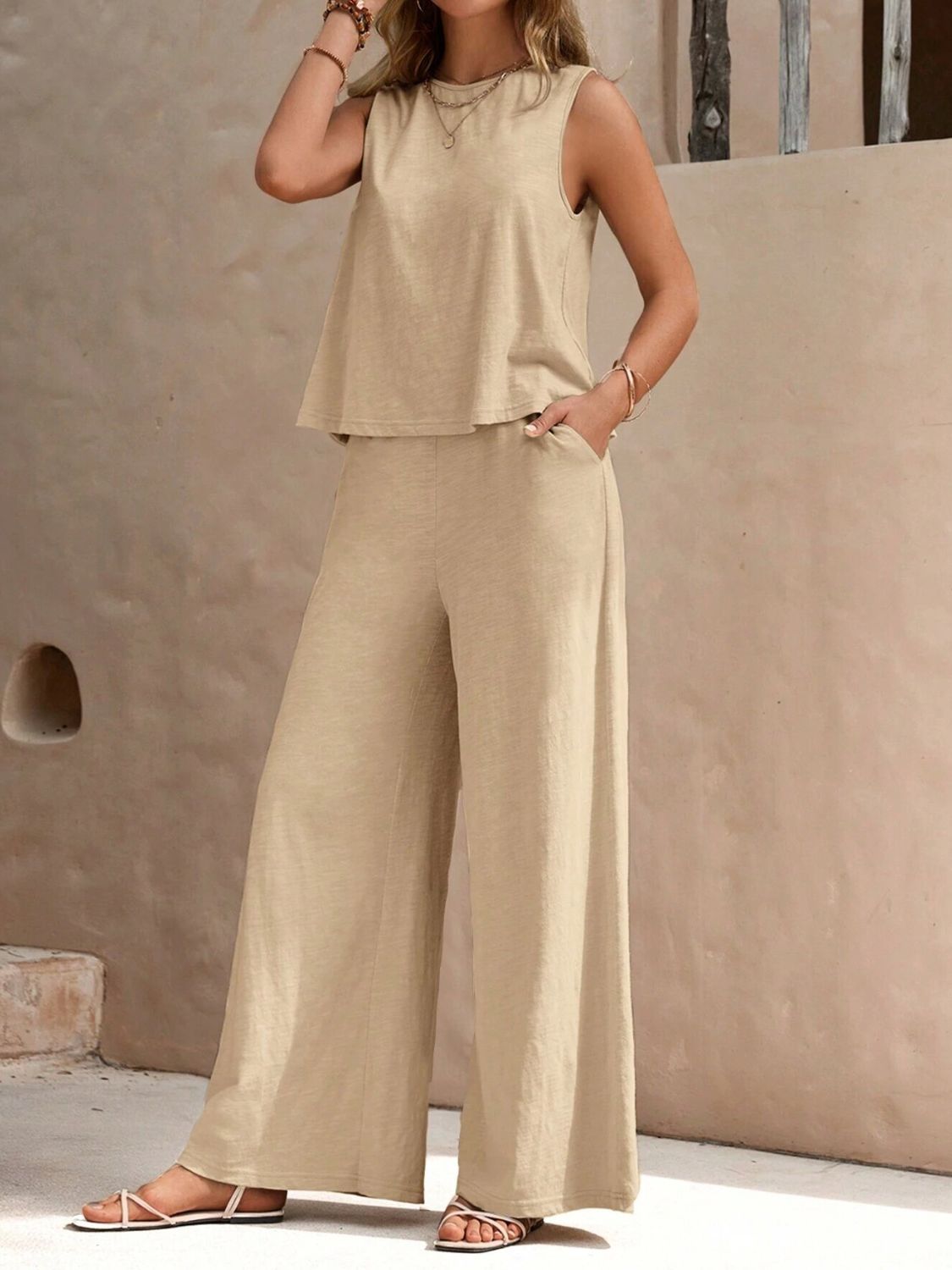 Women's Round Neck Sleeveless Blouse & High Waist Wide Leg Pants Set - Summer Casual Outfit for Beach, Office, and Date Night