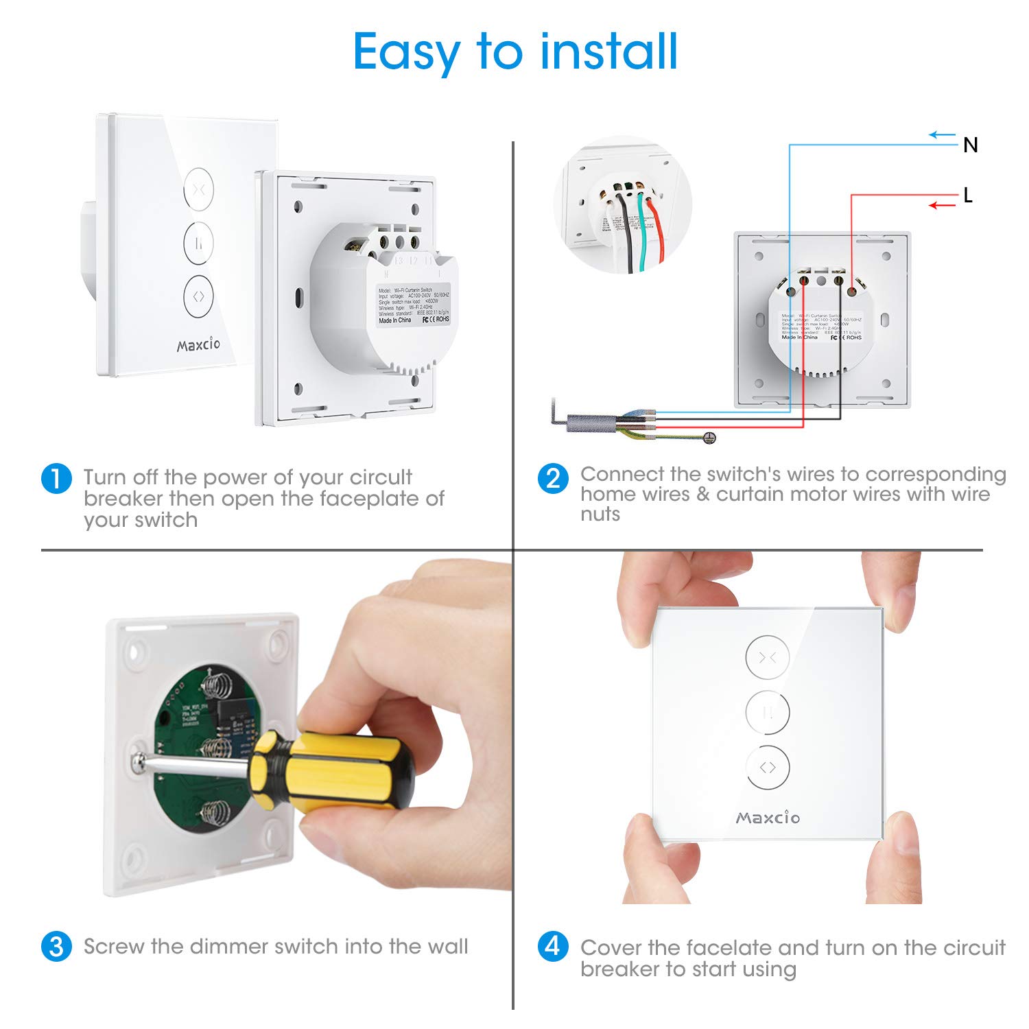 Maxcio WiFi Smart Roller Shade Switch - Compatible with Alexa & Google Home, Timer & Group Control for Awnings, Blinds & Curtains - White | Perfect for Smart Home Automation & Energy Savings