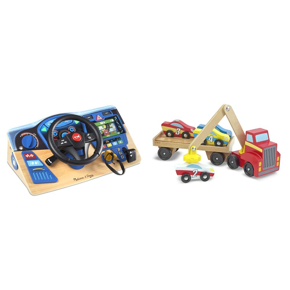 Melissa & Doug Vroom & Zoom Interactive Wooden Dashboard Steering Wheel Toy - Pretend Play Driving Set with Magnetic Car Loader, 4 Cars & Semi-Trailer Truck - Perfect for Kids' Role Play & Early Learning Activities