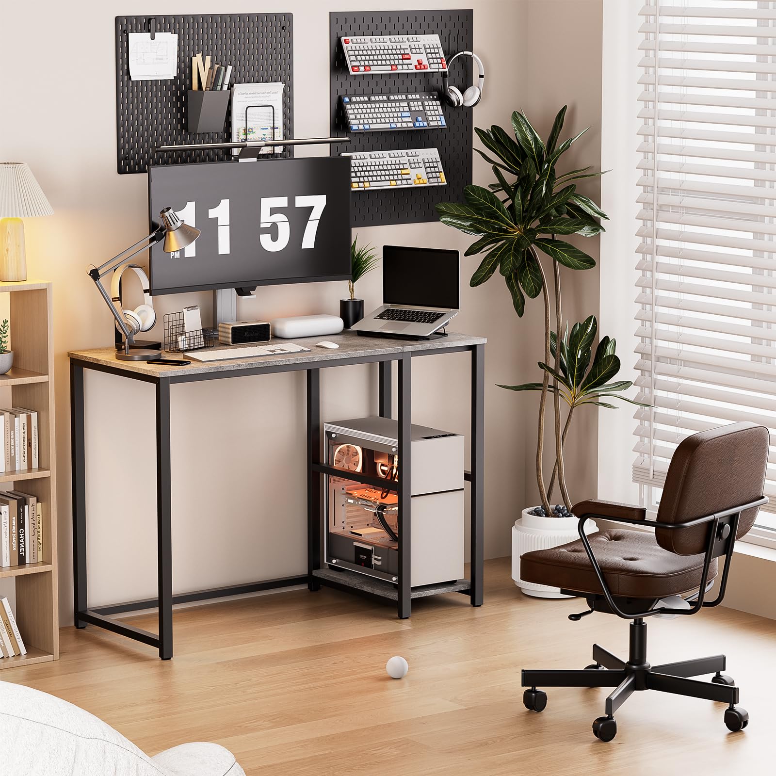 SINPAID 40-inch Modern Computer Desk with 2-Tier Shelves & Large Storage Space - Sturdy Home Office Desk, Gaming Desk, Study Writing Laptop Table (Gray) - Perfect for Small Spaces, Remote Work & Online Classes