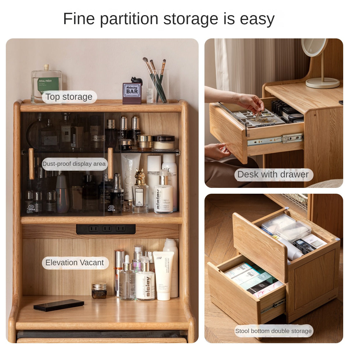 Solid Oak Wood Modern Minimalist Bedside Dressing Table - Perfect for Small Bedrooms & Apartment Vanity Areas