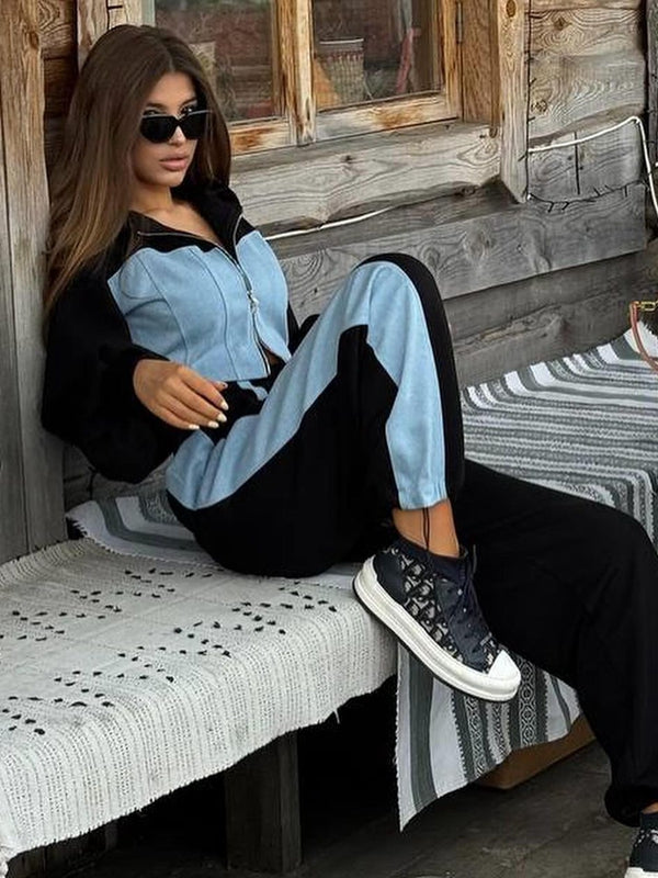 ZASUWA Women's Sexy Contrast Color Pocket Casual Tracksuit Set - Comfortable Lounge Wear for Gym, Running, Travel & Everyday Outfits