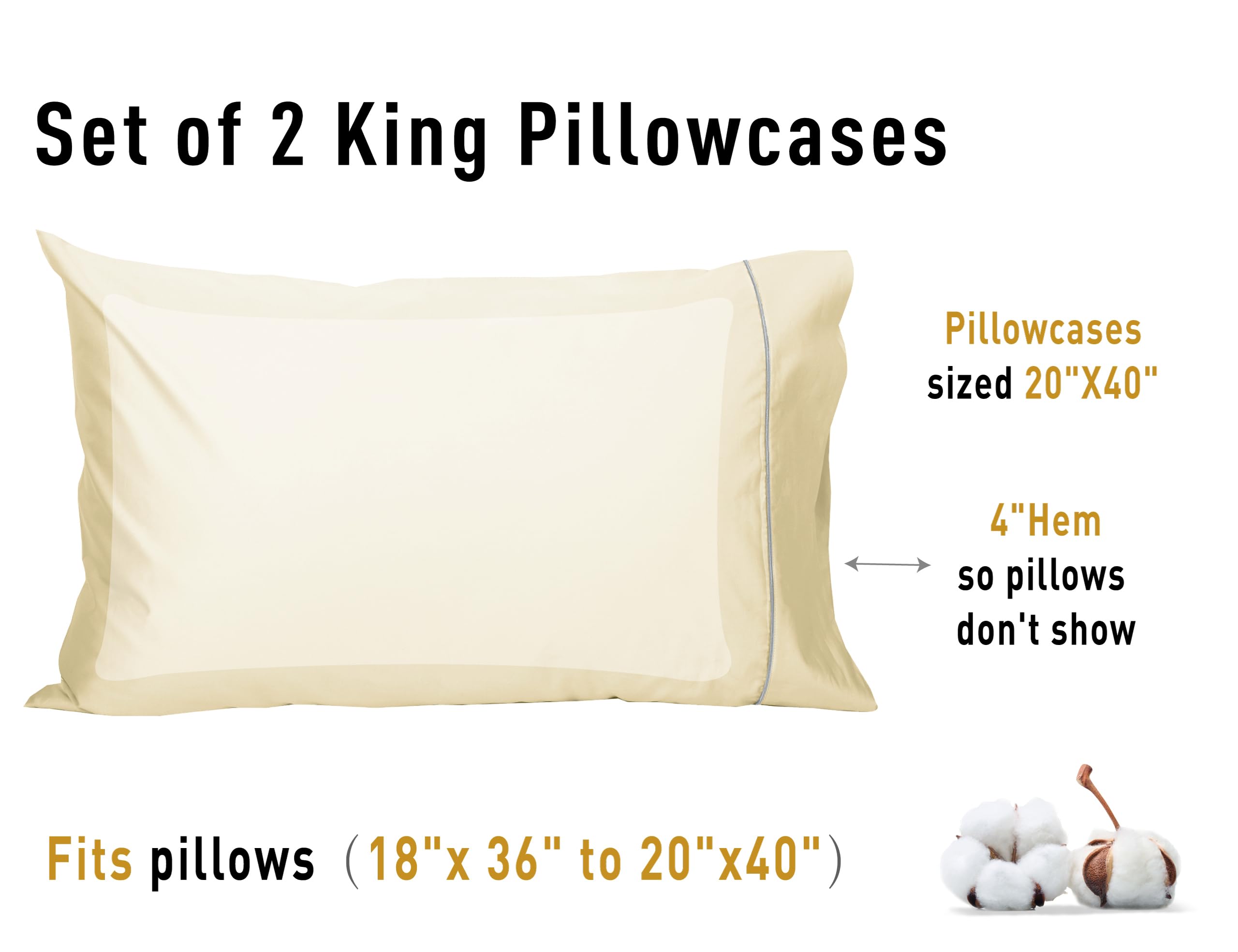 Sunflower King Pillowcases Set of 2 - 100% Cotton 20×40 Inch Silver Trim Pillow Covers - Soft Breathable Butter Cream Bedding for Master Bedroom & Guest Room Decor