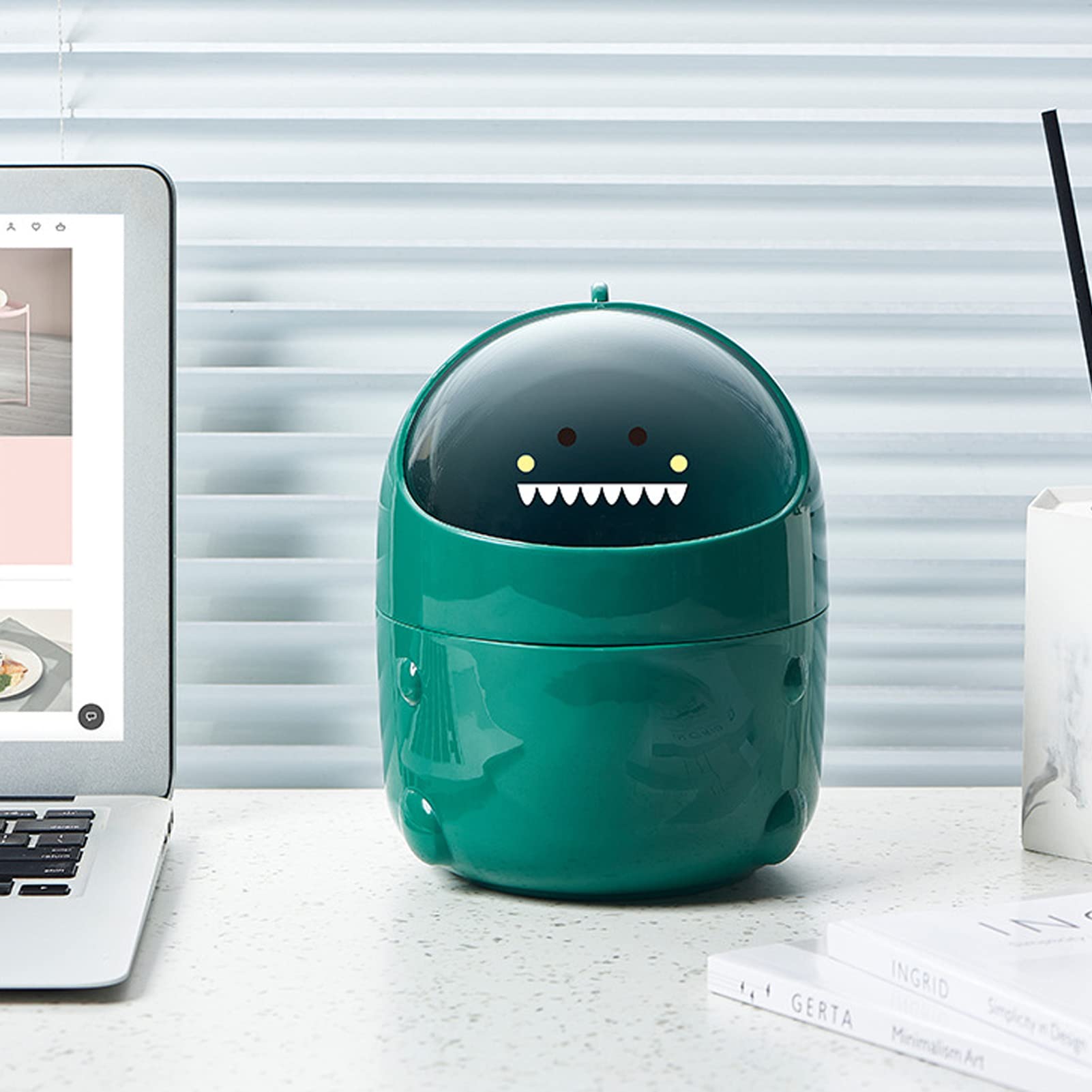 Mini Desktop Trash Can - Cute Baby Dinosaur Design Small Garbage Bin with Lid & Non-Slip Base - Perfect for Office, Bathroom, Kitchen, Desk, Coffee Station - Green Dinosaur Wastebasket for Home and Workspace Organization