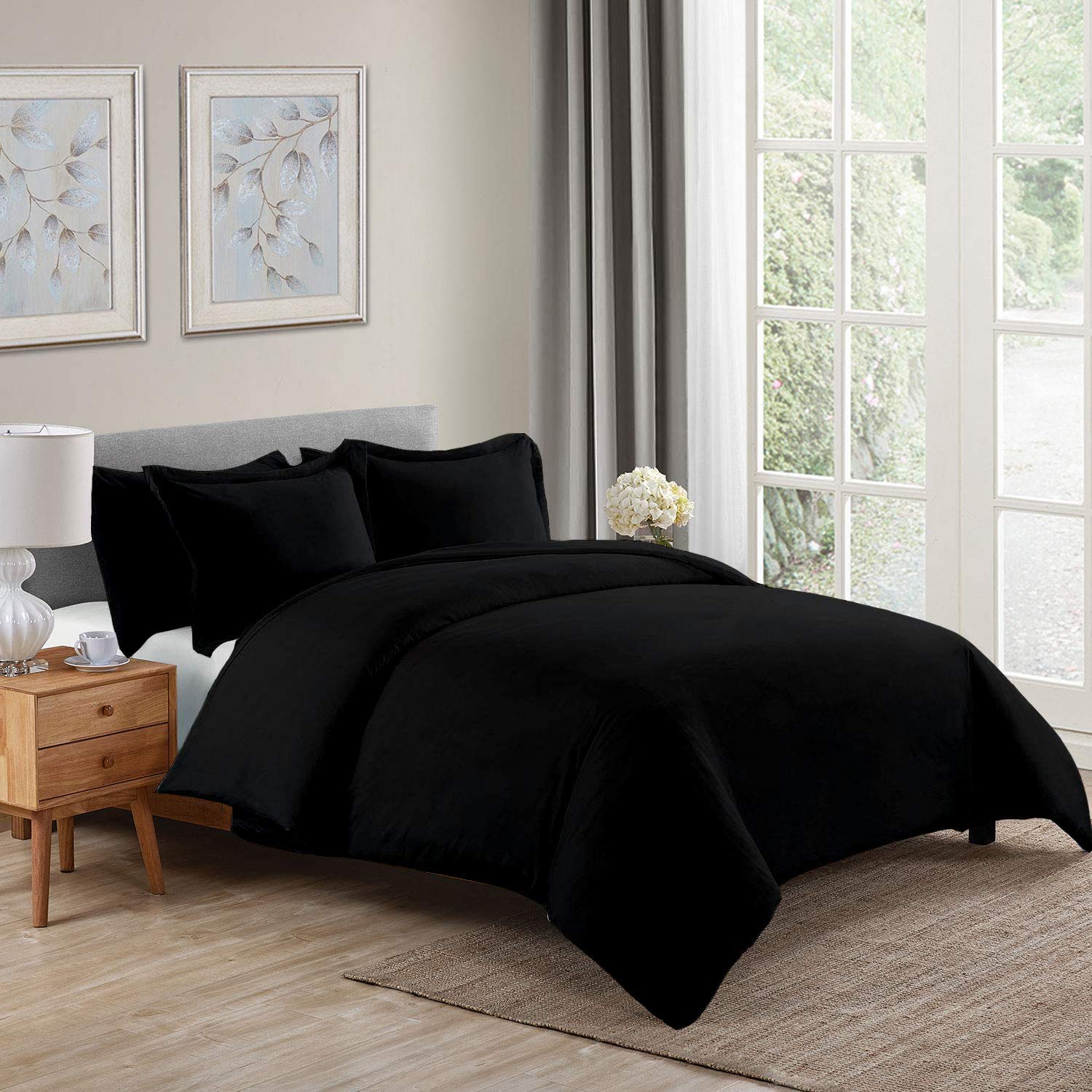 Luxury 100% Egyptian Cotton Duvet Cover Set - 5 Piece King/California King Size with Zipper & Corner Ties - 800 Thread Count Premium Bedding - Includes 1 Duvet Cover & 4 Pillow Shams - Black Solid Color - Perfect for Master Bedroom, Guest Room & Hotel Style Decor