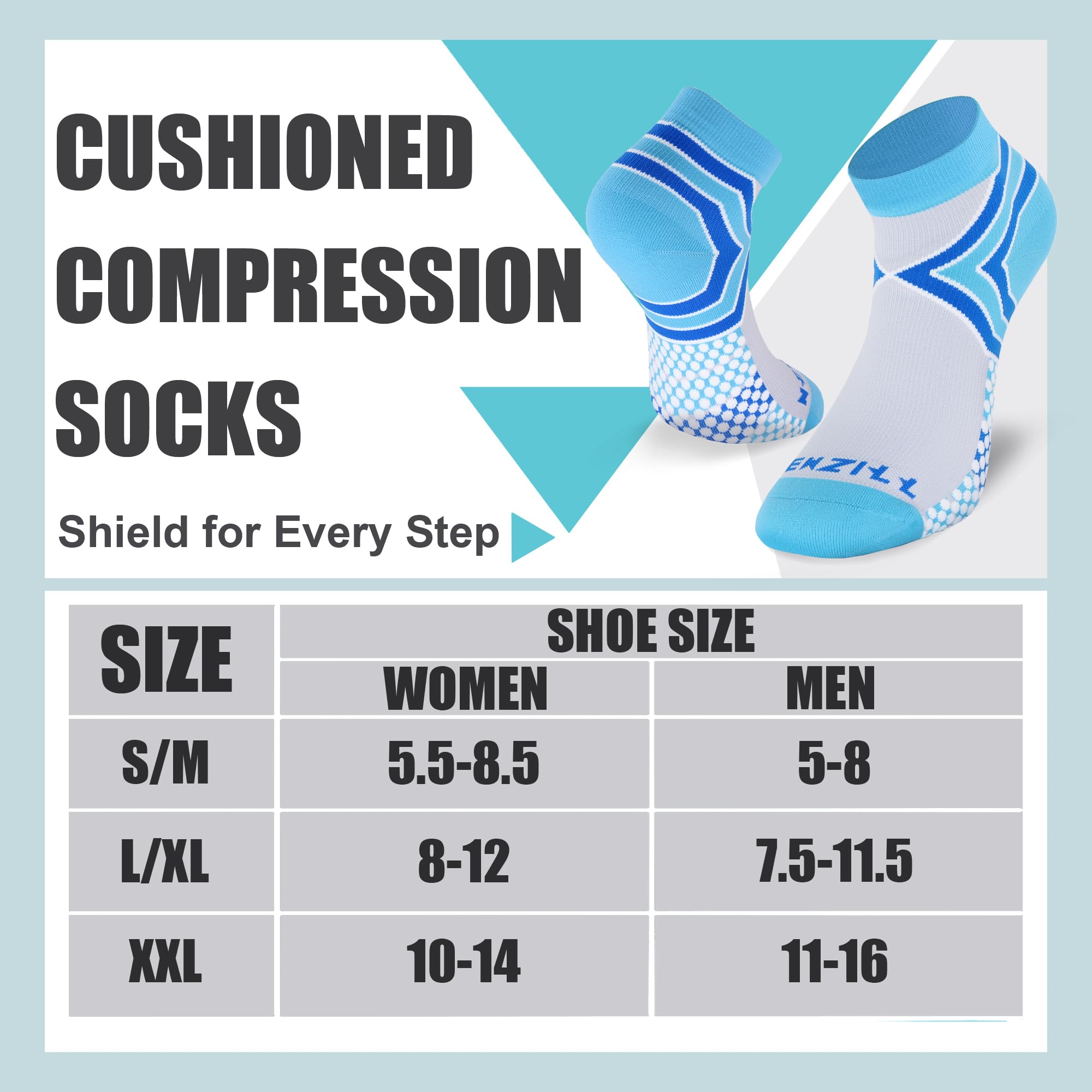 NEWZILL Ankle Compression Socks for Men & Women - Breathable Running Socks with Cushion & Arch Support - Ideal for Marathon, Hiking & Plantar Fasciitis Relief
