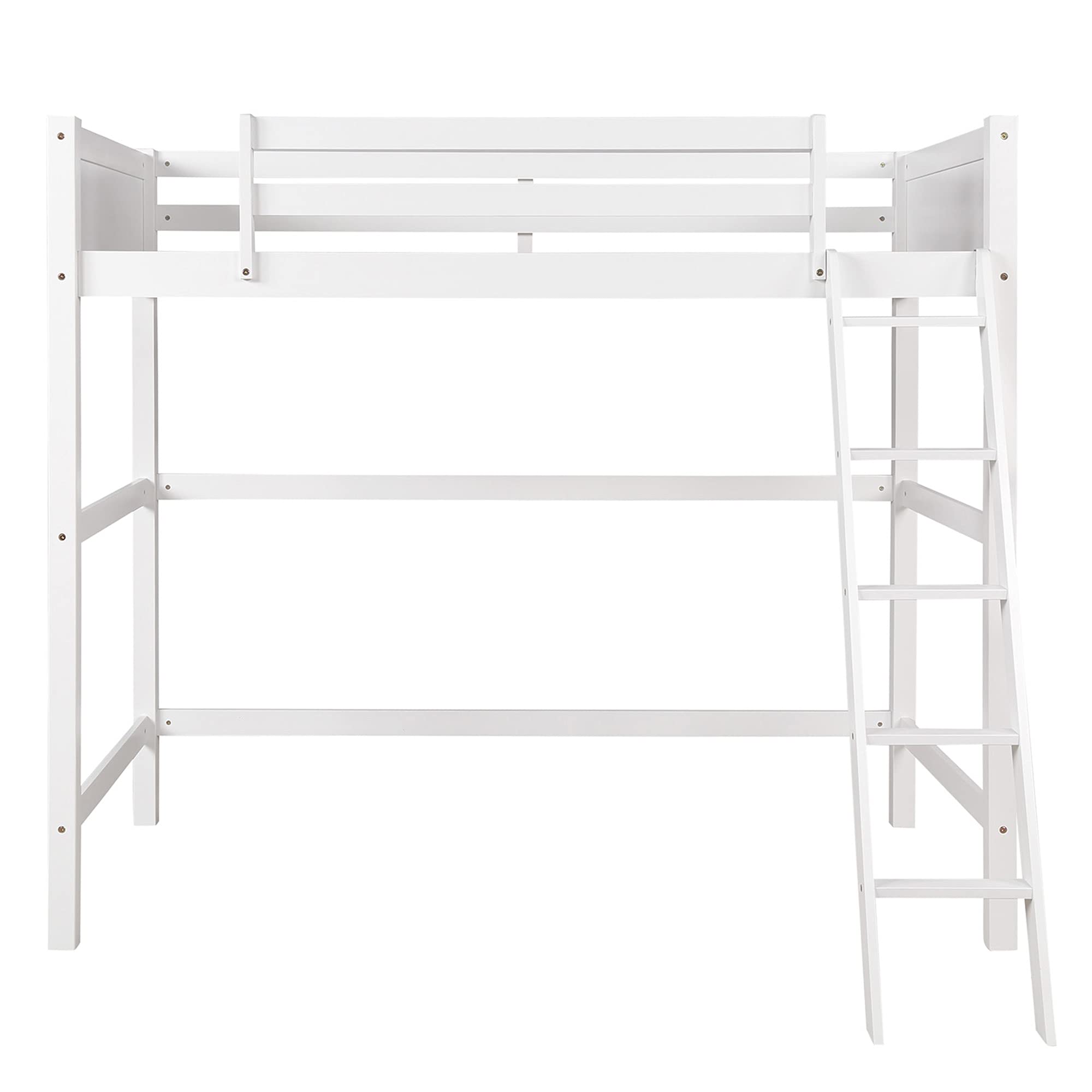 P PURLOVE Twin Loft Bed Frame - Sturdy Wooden Bunk Bed with Angled Ladder & Safety Rails, Space-Saving Kids Bedroom Furniture (White) - Perfect for Small Rooms, Dorms & Apartments