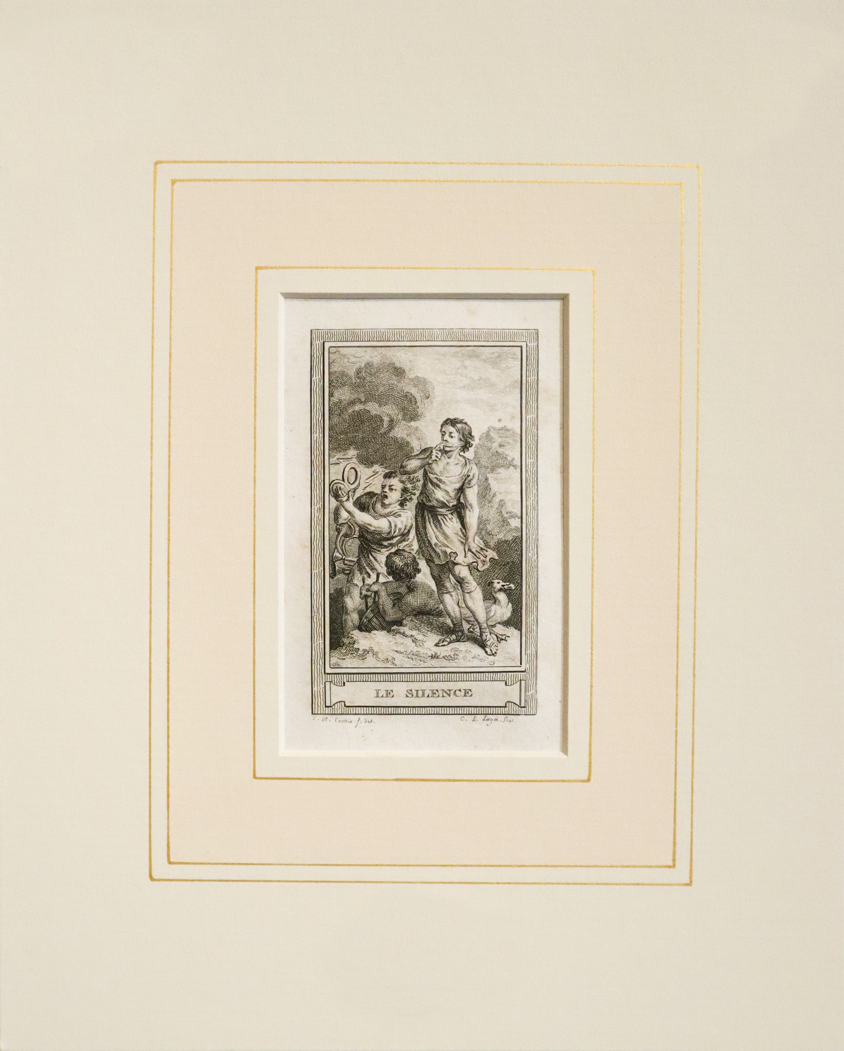 Antique 1780s French Engraving - Le Silence (Discretion) Art Print with Mat - Vintage Home Decor & Wall Art for Living Room, Office, or Gallery Display