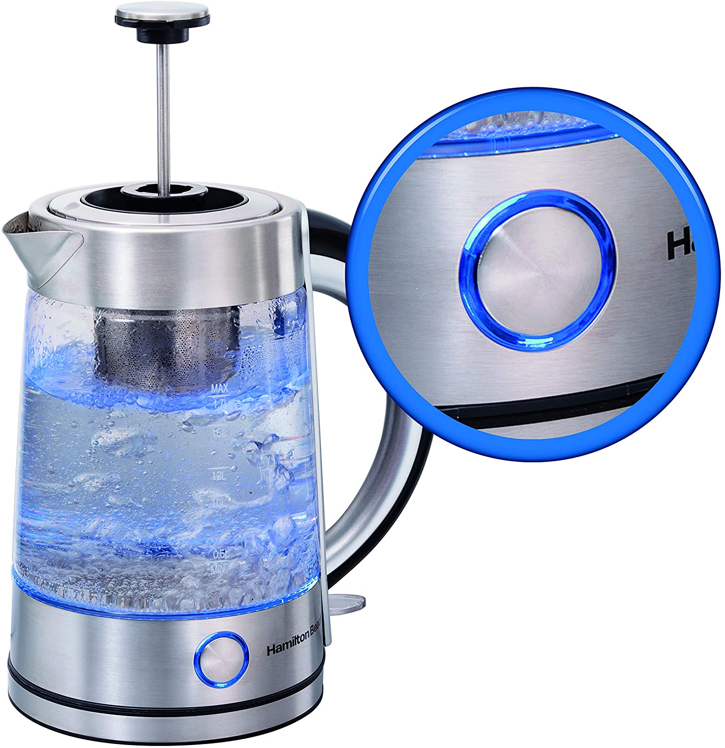 Hamilton Beach 40868C Glass Electric Kettle with Removable Tea Infuser - Perfect for Home, Office & Tea Lovers - Fast Boiling & Easy Clean