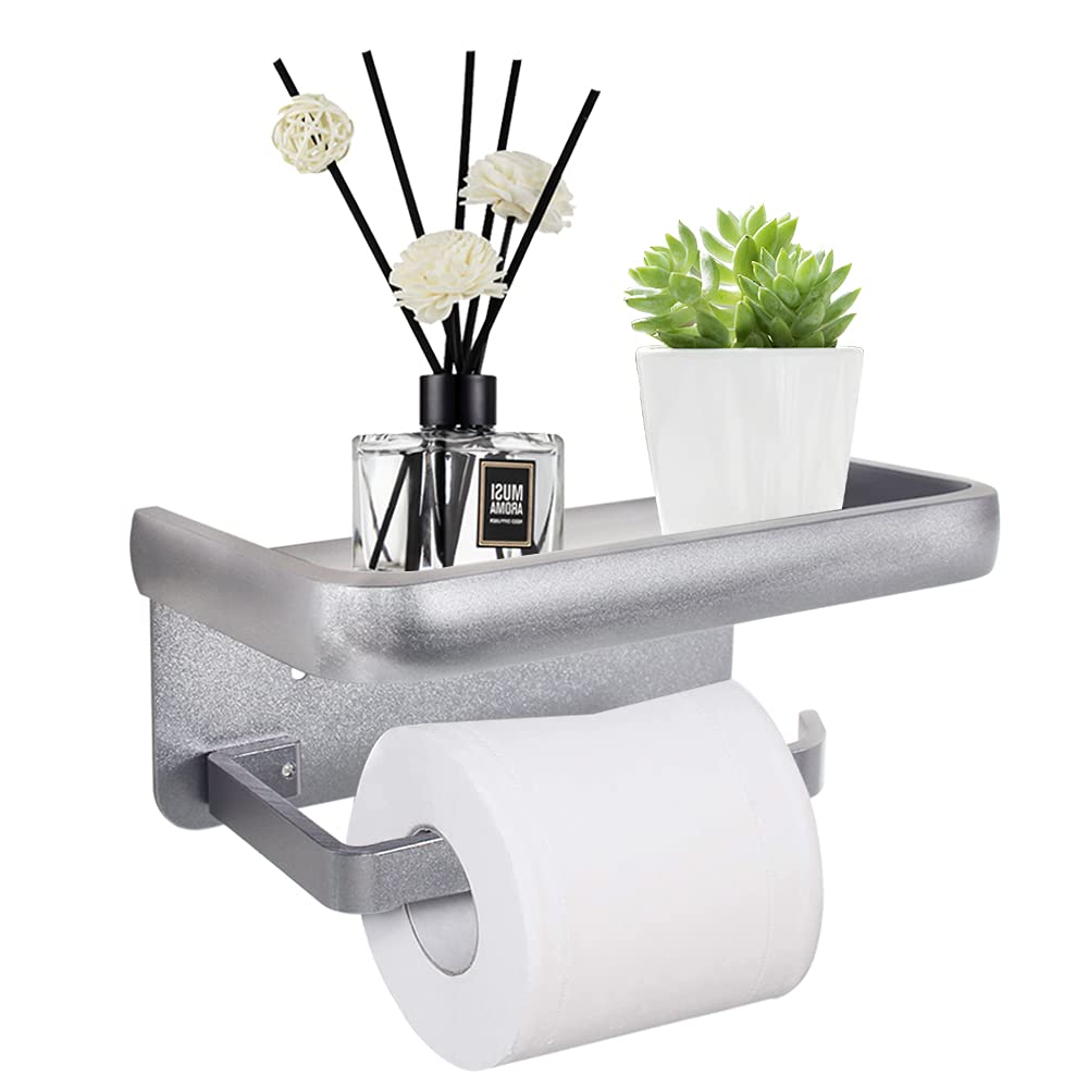 Grey Wall Mounted Toilet Paper Holder with Phone Shelf - Adhesive & Drilling Installation for Bathroom, RV, Camper - Space Saving Tissue Roll Holder for Small Bathrooms & Travel Trailers