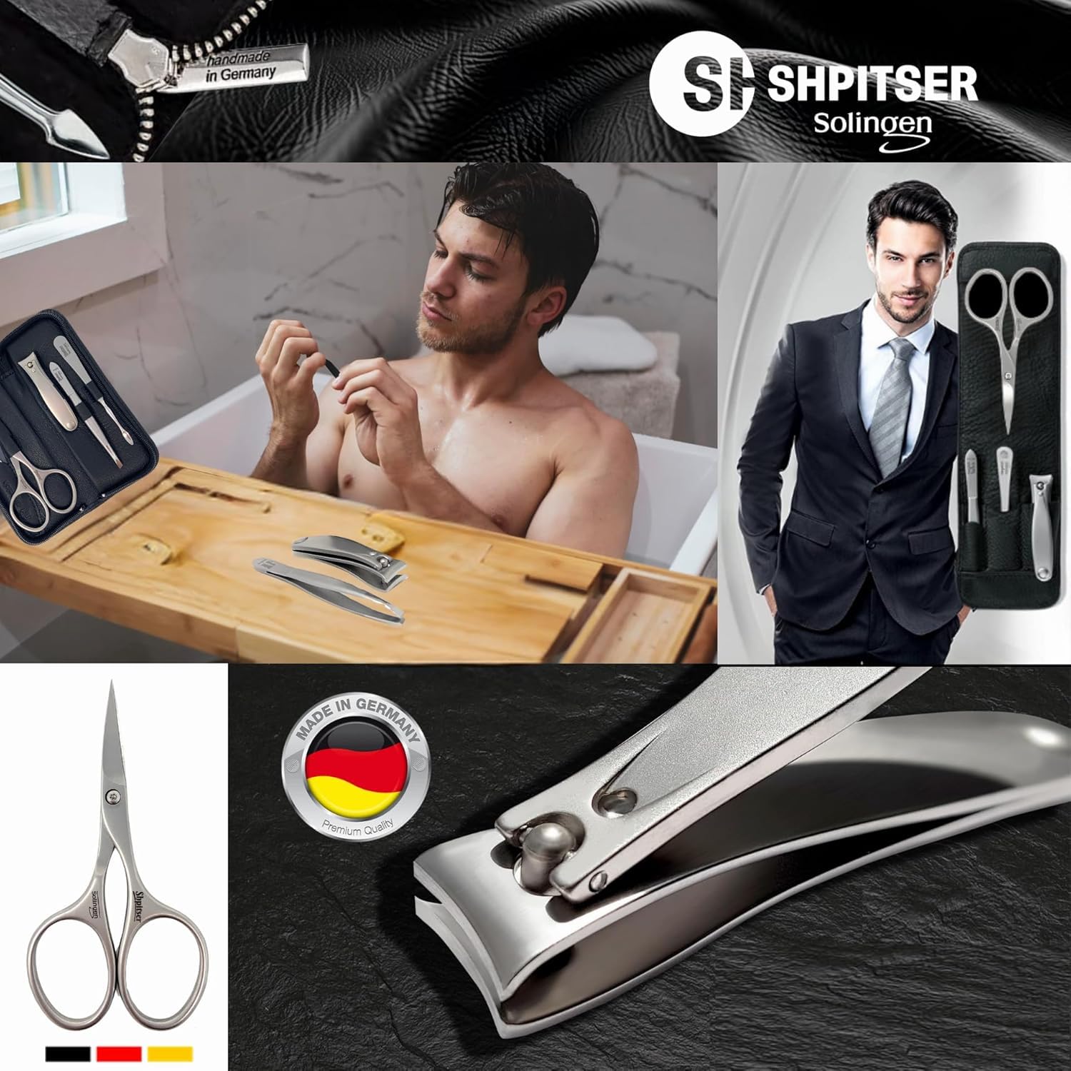 Premium Shpitser Nail Kit - Professional 5-Piece Manicure & Pedicure Set with Stainless Steel Scissors, Clippers, Tweezers, Nail Cleaner & File | German Crafted Solingen Steel | Luxury Black Italian Leather Case | Perfect for Home Spa, Travel & Gift Giving