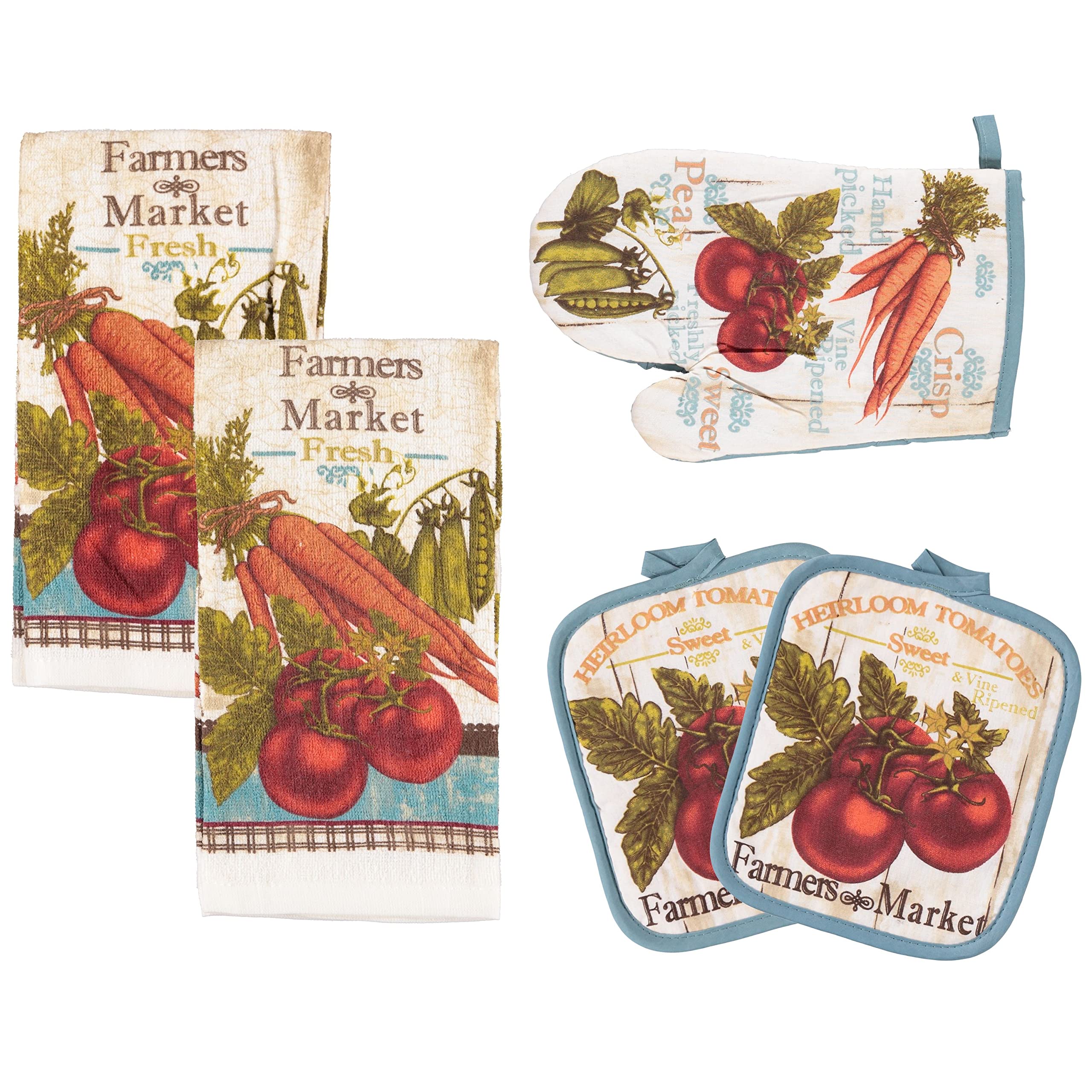 Jarrix Home Kitchen Decor Value Pack - 2 Cotton Pot Holders, 2 Kitchen Towels, 1 Oven Mitt Set for Cooking, Baking & Farmhouse Style Kitchen Decor (Pack of 5) - Perfect for Farmhouse, Rustic & Country Kitchen Themes