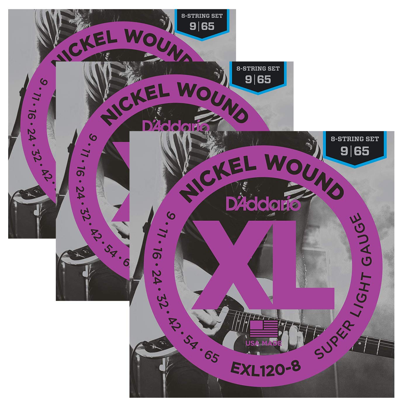 D'Addario EXL120-8 Super Light 8 String Electric Guitar Strings - 3 Pack Set for Rock, Metal & Extended Range Playing