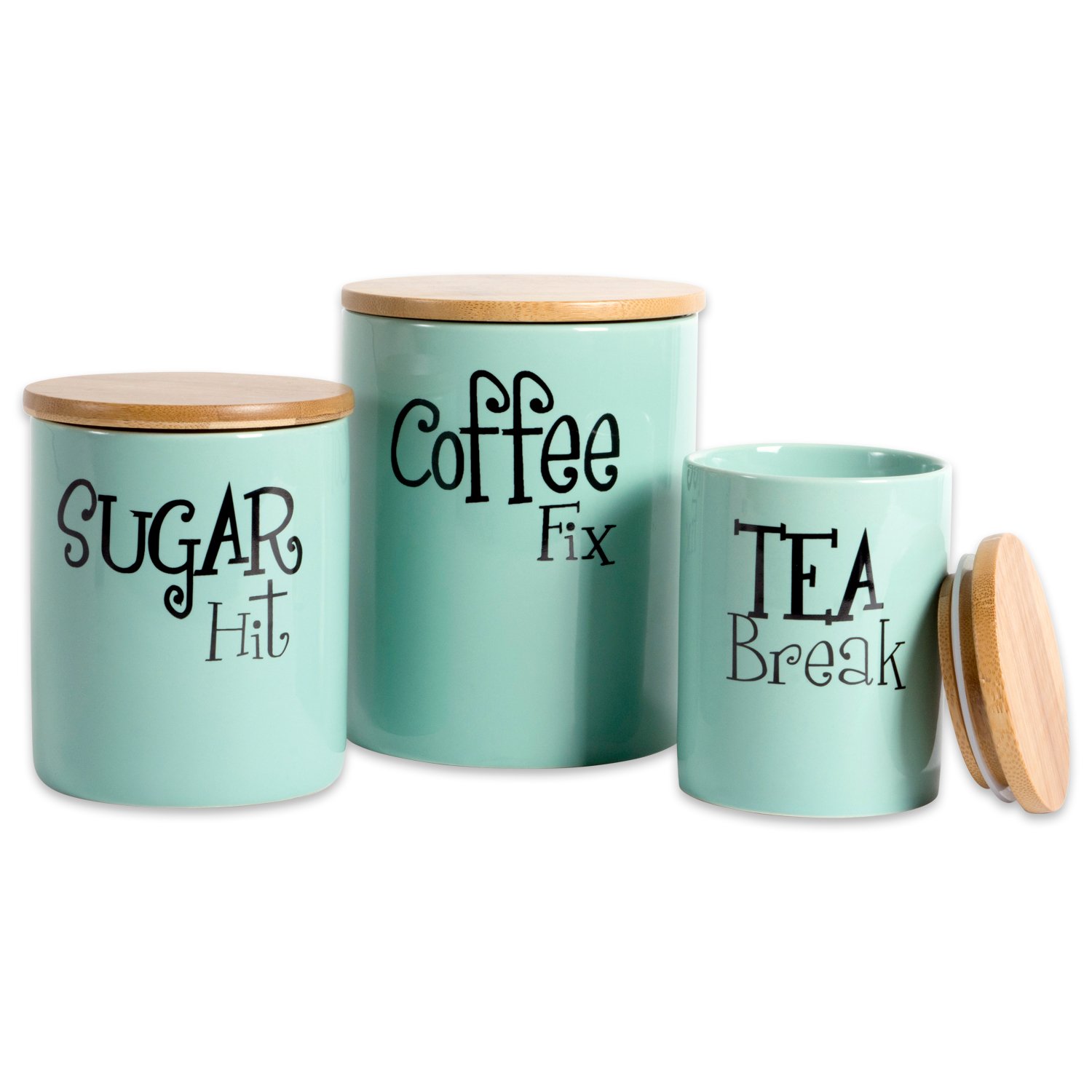 Vintage Ceramic Canister Set for Kitchen Storage - 3-Piece Aqua Retro Canisters | Perfect for Pantry Organization, Coffee & Tea Storage, Countertop Decor