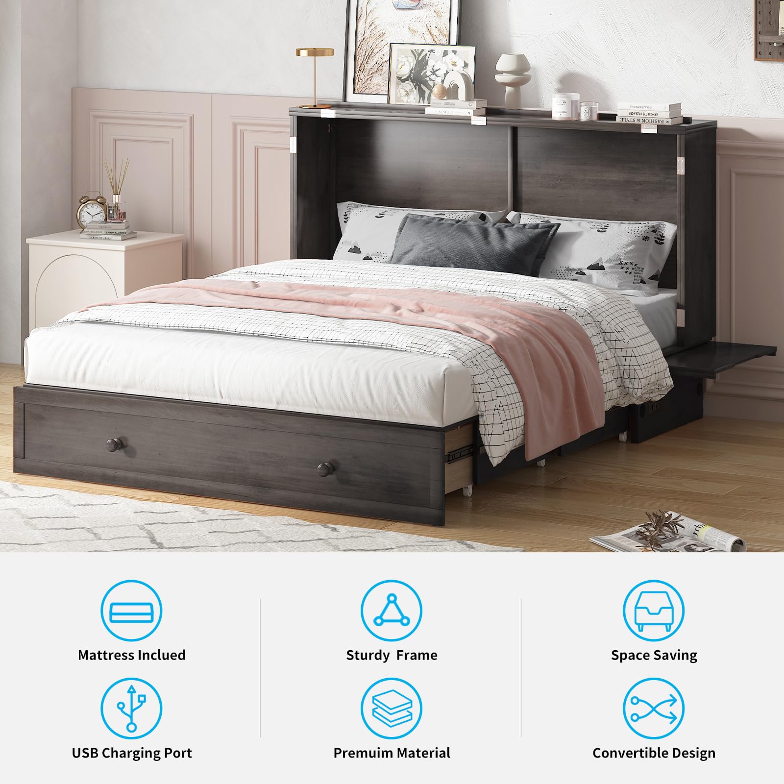 **Mjkone Queen Size Murphy Bed Cabinet with Mattress & Storage Drawers - Wall Bed with USB Charging Station for Guest Room, Bedroom, Office - Space Saving Gray Chest Bed (Perfect for Small Apartments & Home Offices)**