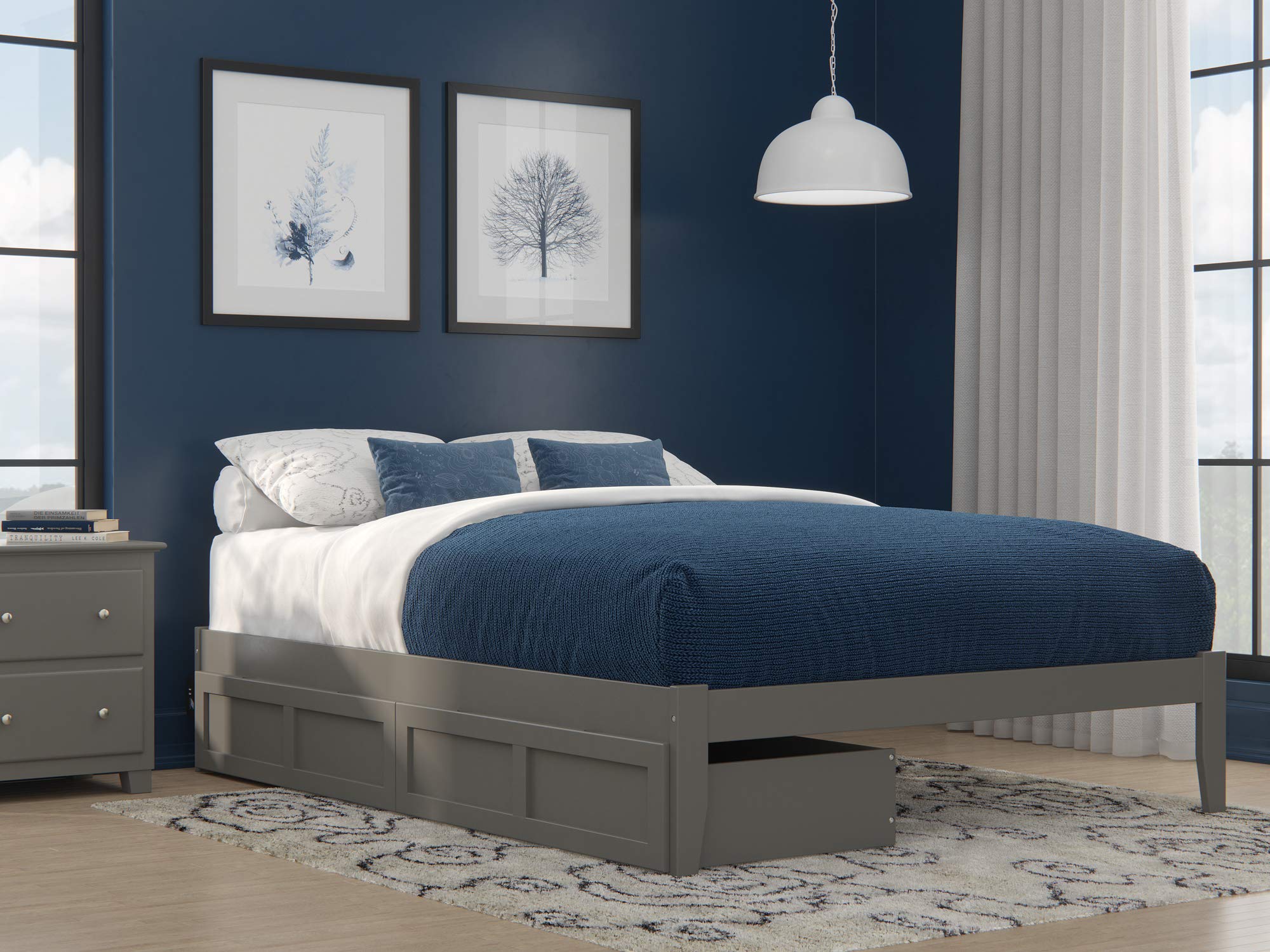 AFI Colorado Queen Platform Bed Frame with 2 Storage Drawers & USB Charging Ports, Grey Wooden Bed - Perfect for Small Bedrooms & Modern Apartments with Built-in Storage Solutions