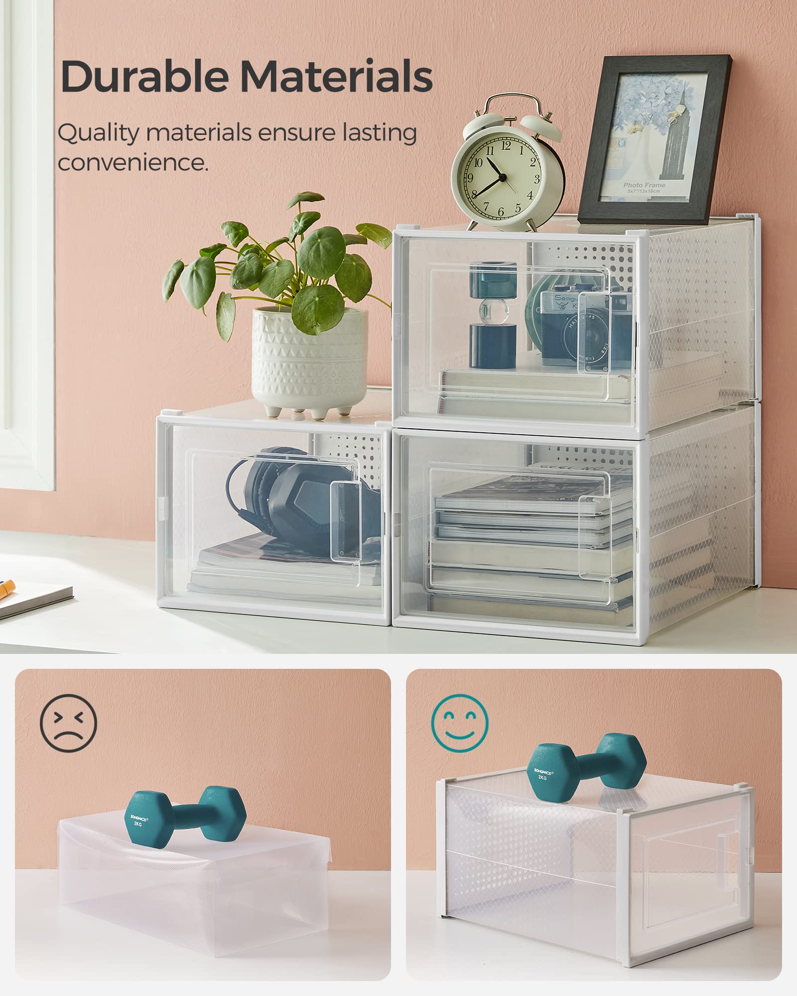 SONGMICS 18-Pack Clear Plastic Shoe Storage Boxes - Stackable Shoe Organizers for Closet, Sneakers, Boots (9.9 x 13.7 x 7.4 Inches) - Fits Up to US Men's Size 13 - Transparent & White ULSP18MWT | Perfect for Home Organization, Bedroom Closet, and Shoe Display
