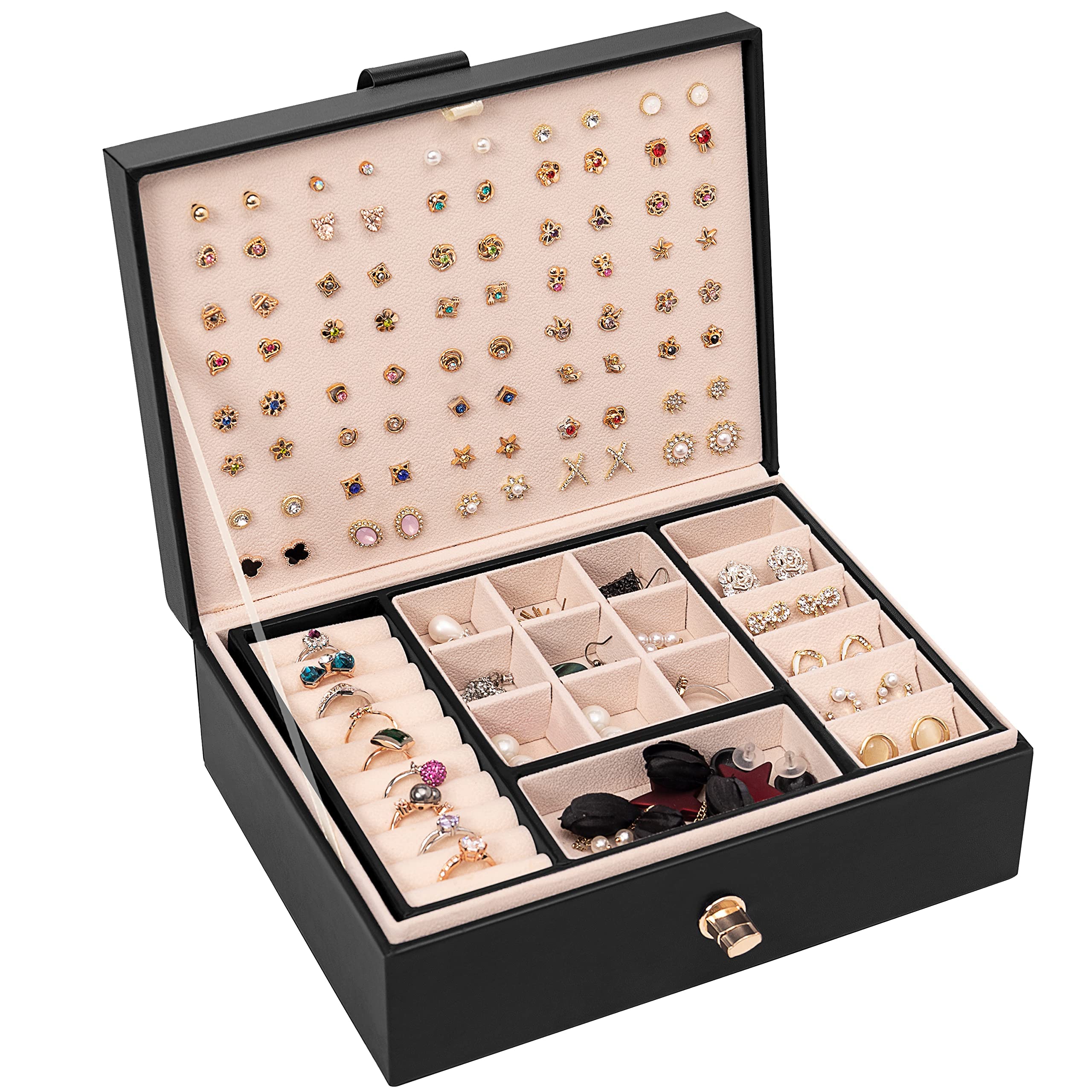 Elegant PU Leather Jewelry Box Organizer for Women - Earring Storage Case with Multiple Compartments, Perfect Birthday Christmas Gift & Party Favor (Black) - Ideal for Travel, Home Decor and Jewelry Organization