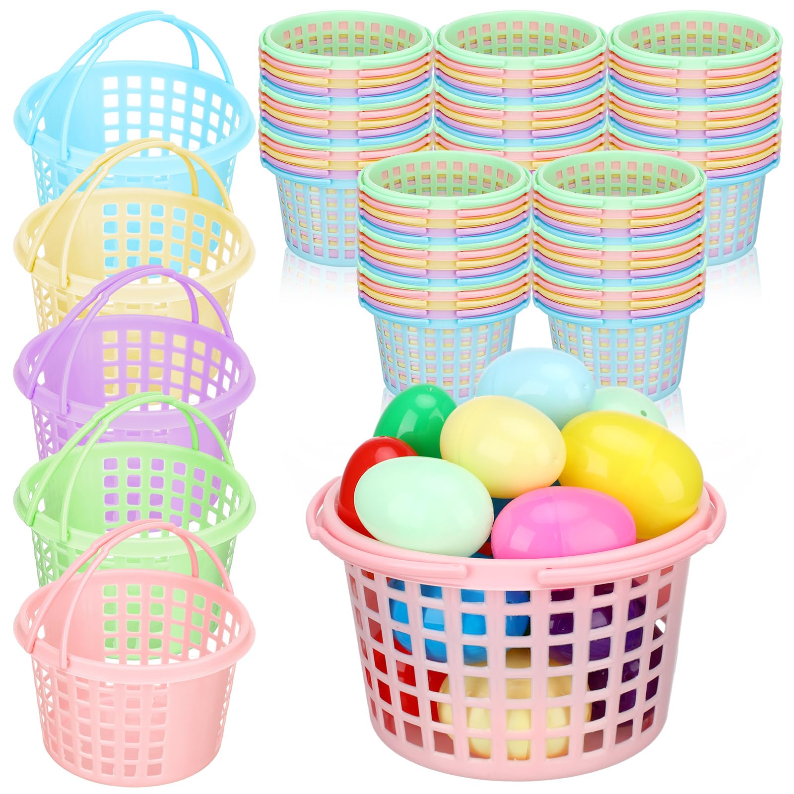 60 Pcs Pastel Plastic Easter Baskets Bulk - Small Colorful Easter Baskets with Handles for Easter Egg Hunts, Party Favors, Classroom Prizes & Spring Decorations - Perfect for Kids, Easter Parties & Home Decor