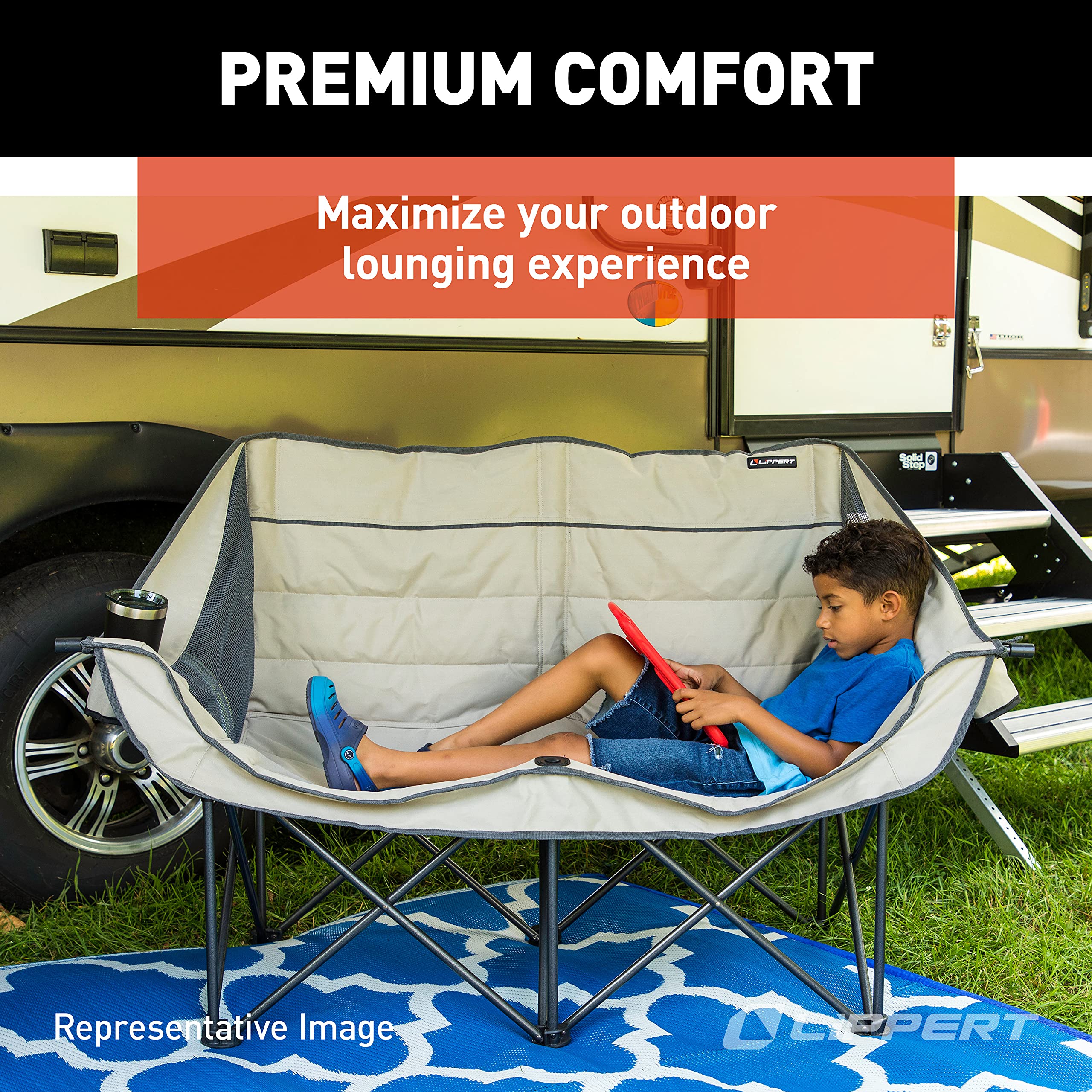 Lippert Folding Padded Loveseat for Camping - Portable Outdoor Recliner with Carry Bag, Dark Grey - Perfect for RV, Patio, Backyard & Picnic Use