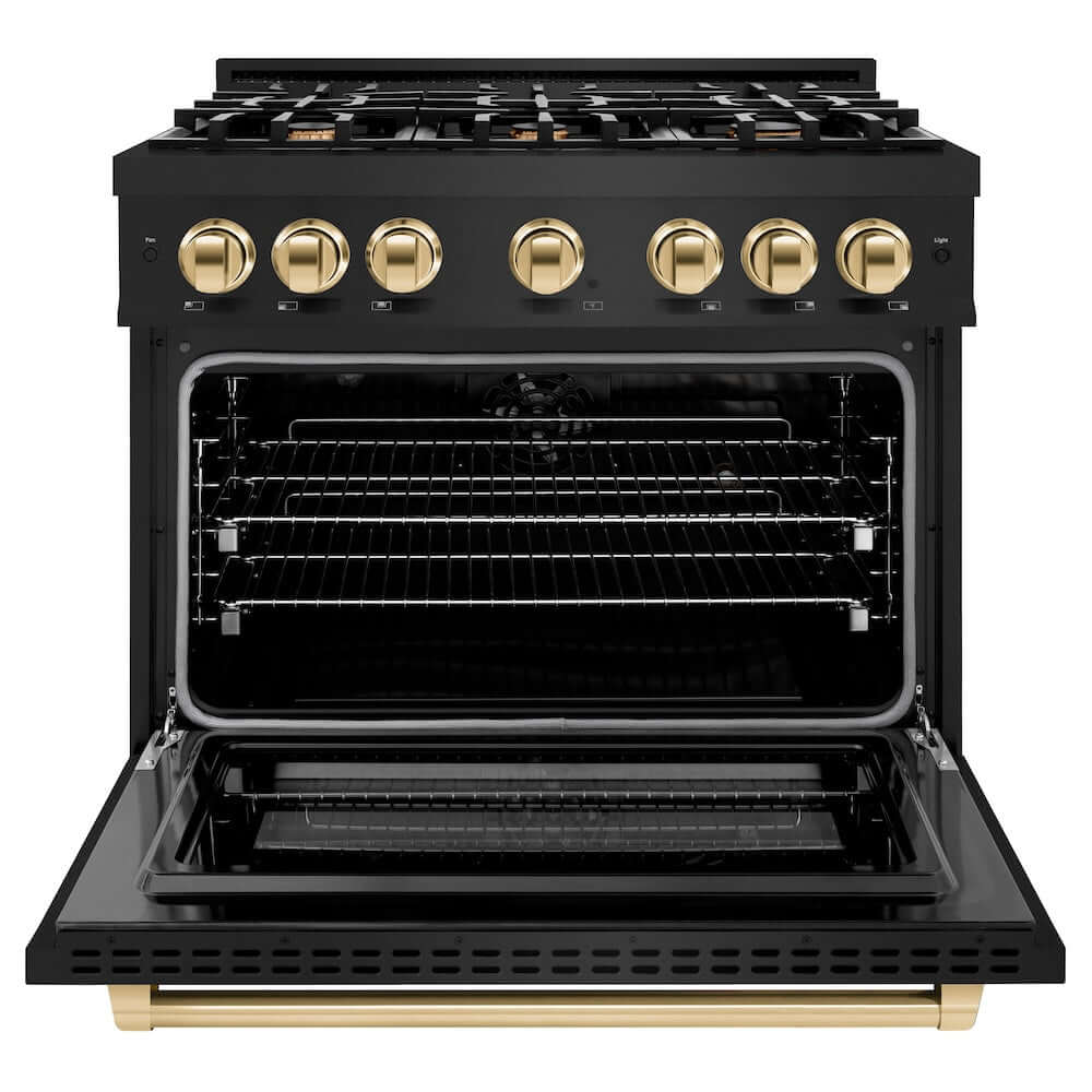 ZLINE Autograph Edition 36 Inch 5.2 Cu Ft Dual Fuel Range - 6 Burner Gas Cooktop & Electric Convection Oven - Black Stainless Steel with Polished Gold Accents - Professional Kitchen Appliance for Home Chefs & Cooking Enthusiasts (HDRBZ 36 G)