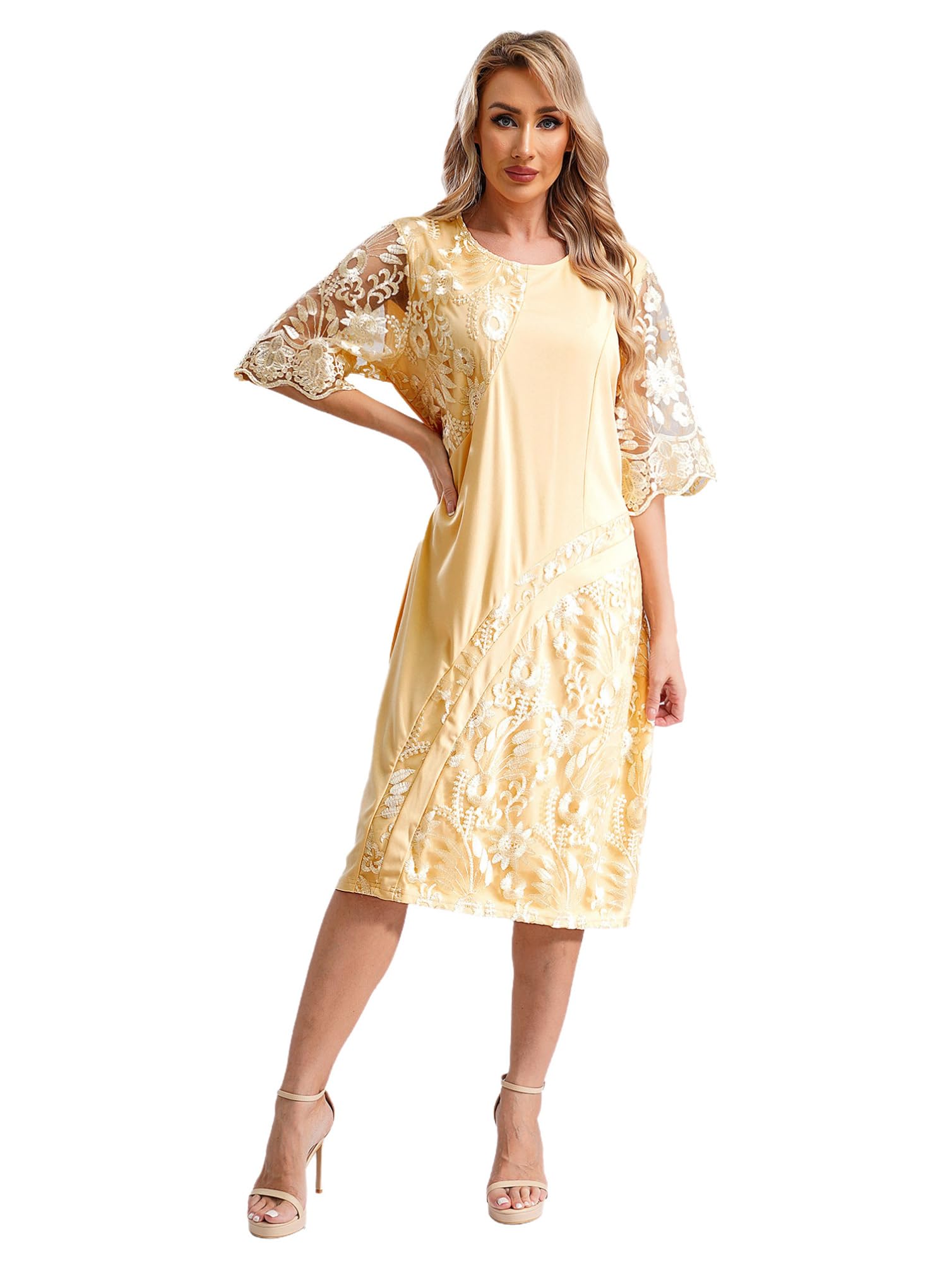 Plus Size Women's Short Sleeve Lace Embroidery Bodycon Dress for Evening, Prom, Party & Special Occasions | Elegant Midi Pencil Dress for Curvy Figures | Perfect for Cocktail Events, Date Nights & Formal Gatherings