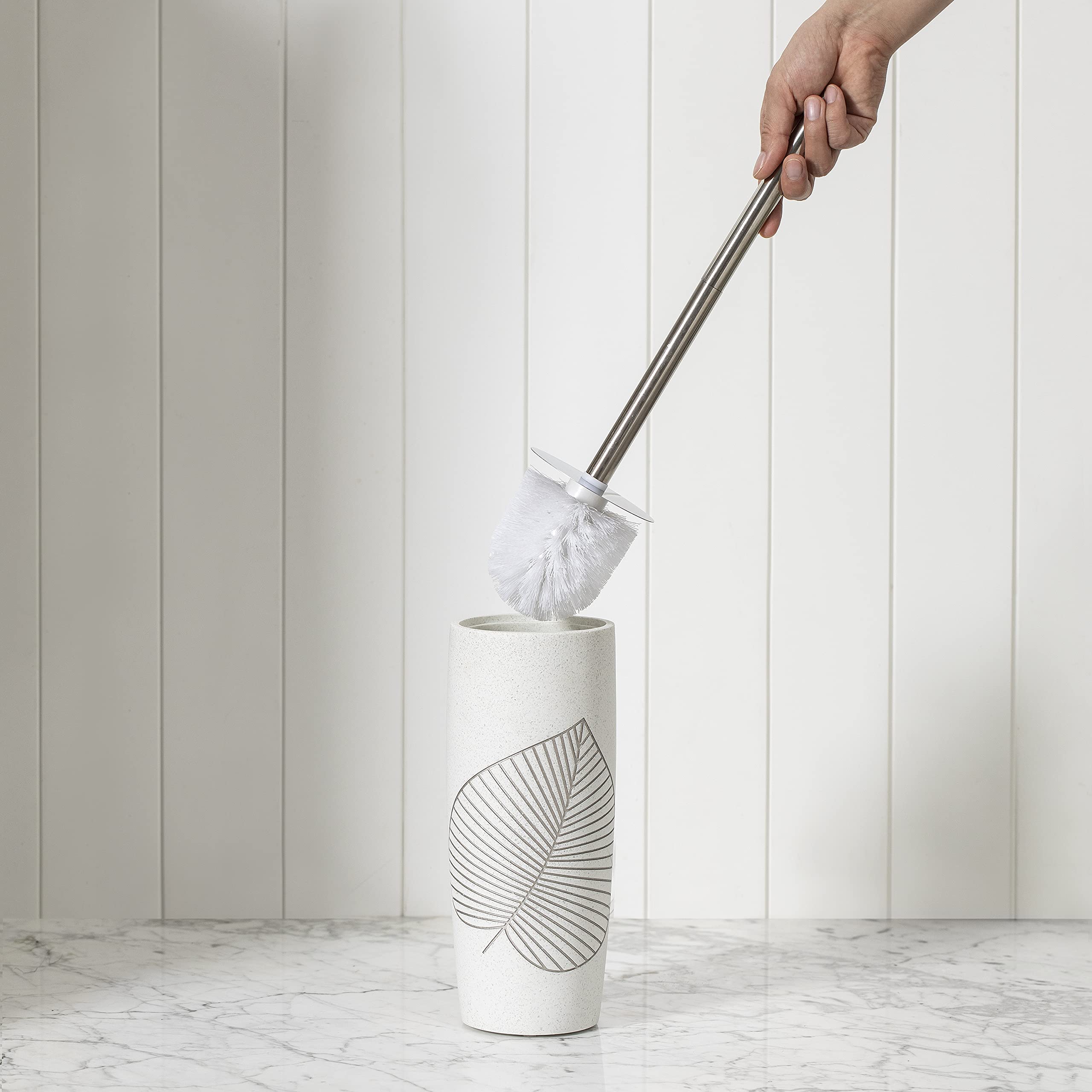 2-Pack Elegant Leaf Design High-Quality Polyresin Wastebasket Trash Can with Brush Holder - Perfect for Bathroom, Kitchen, Home Office & Powder Room - White