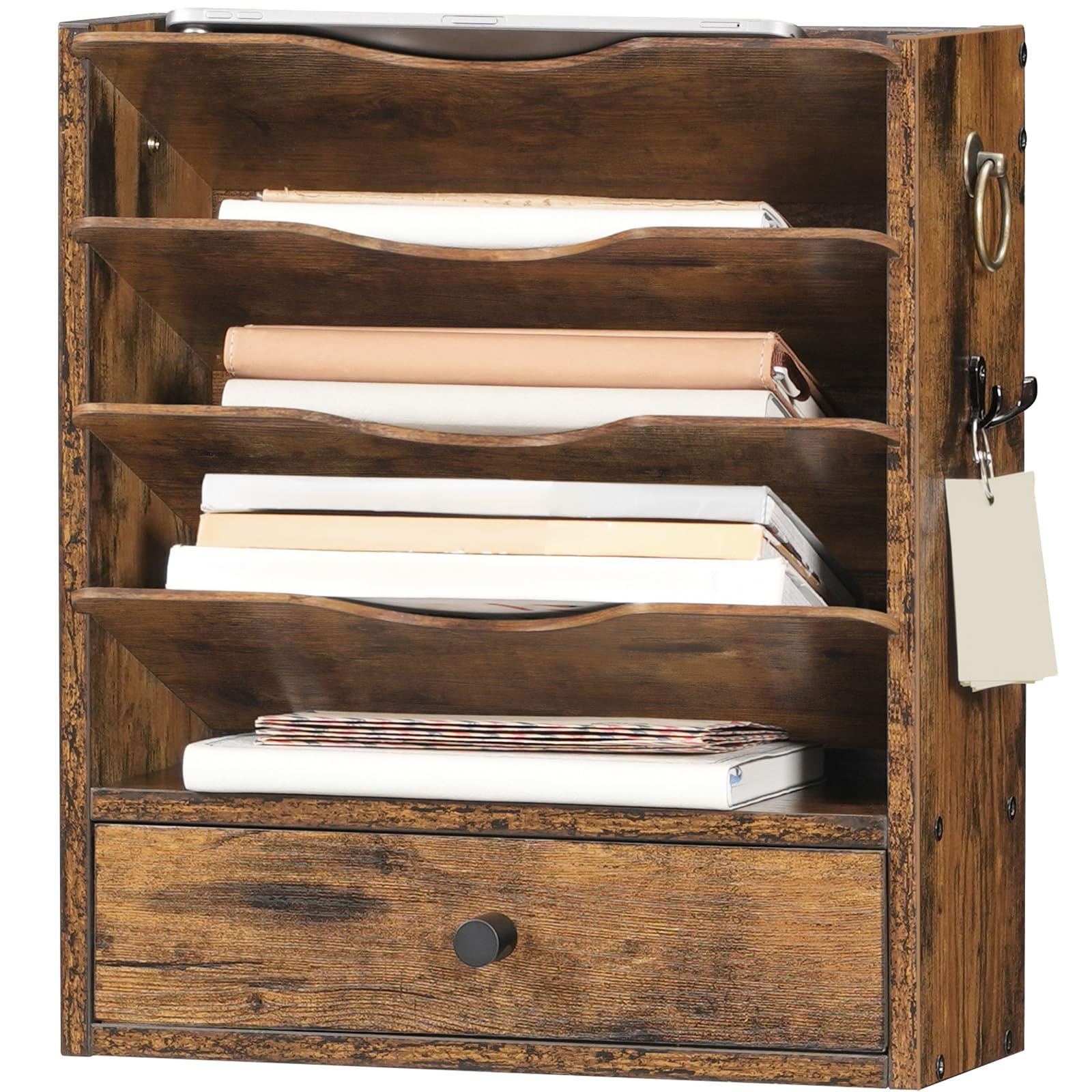 HOOBRO Rustic Brown Wall File Organizer with Drawer Storage & 2 Hooks - Wooden Mail & Literature Organizer for Office, Classroom, Home - Perfect for Organizing Documents, Letters, and Construction Papers on Walls