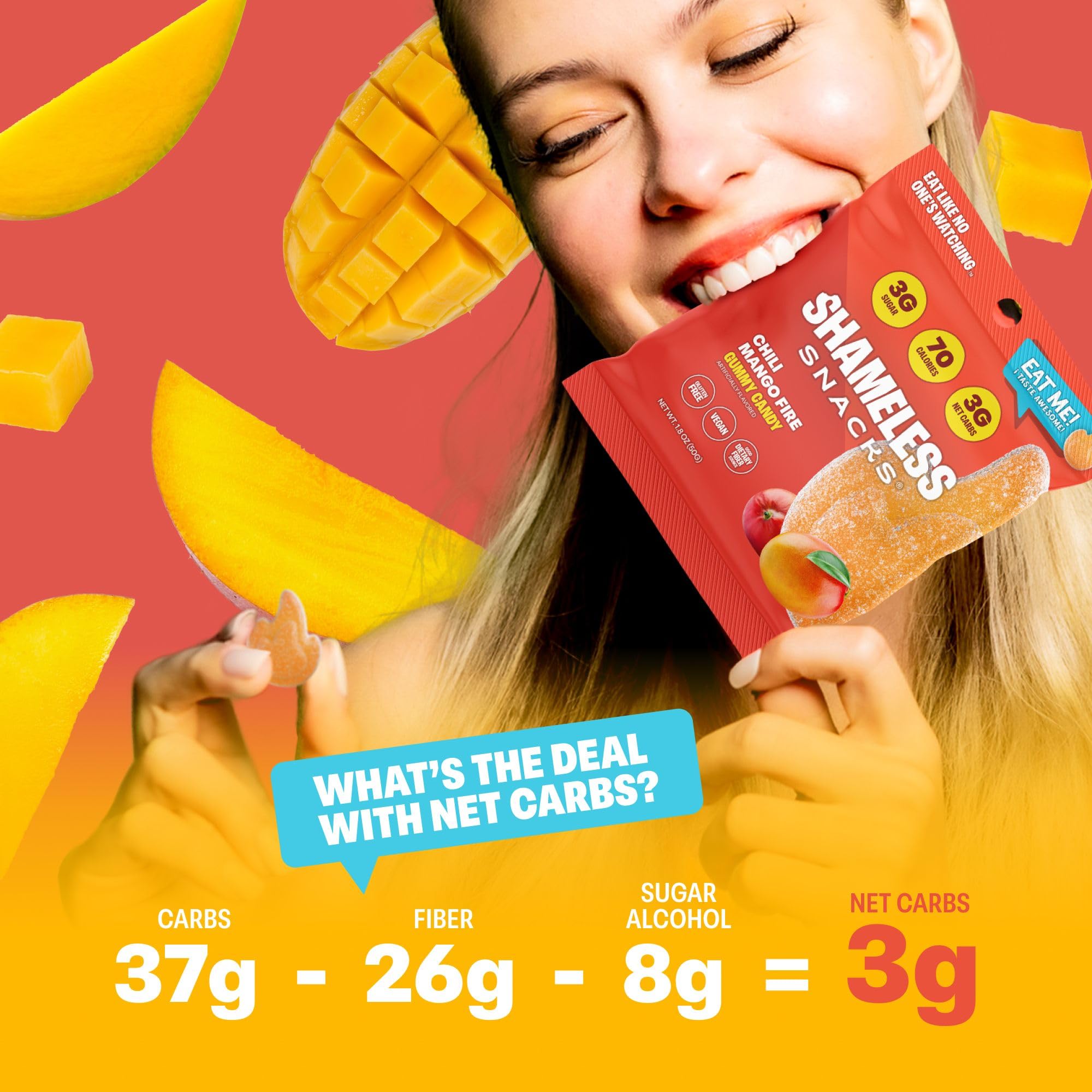 Shameless Snacks - Healthy Low Calorie Keto Gummies (6 Pack Chili Mango Fire) - Gluten Free, Low Carb Candy for Weight Loss | Perfect for Keto Diet, Office Snacking & On-the-Go Energy Boost