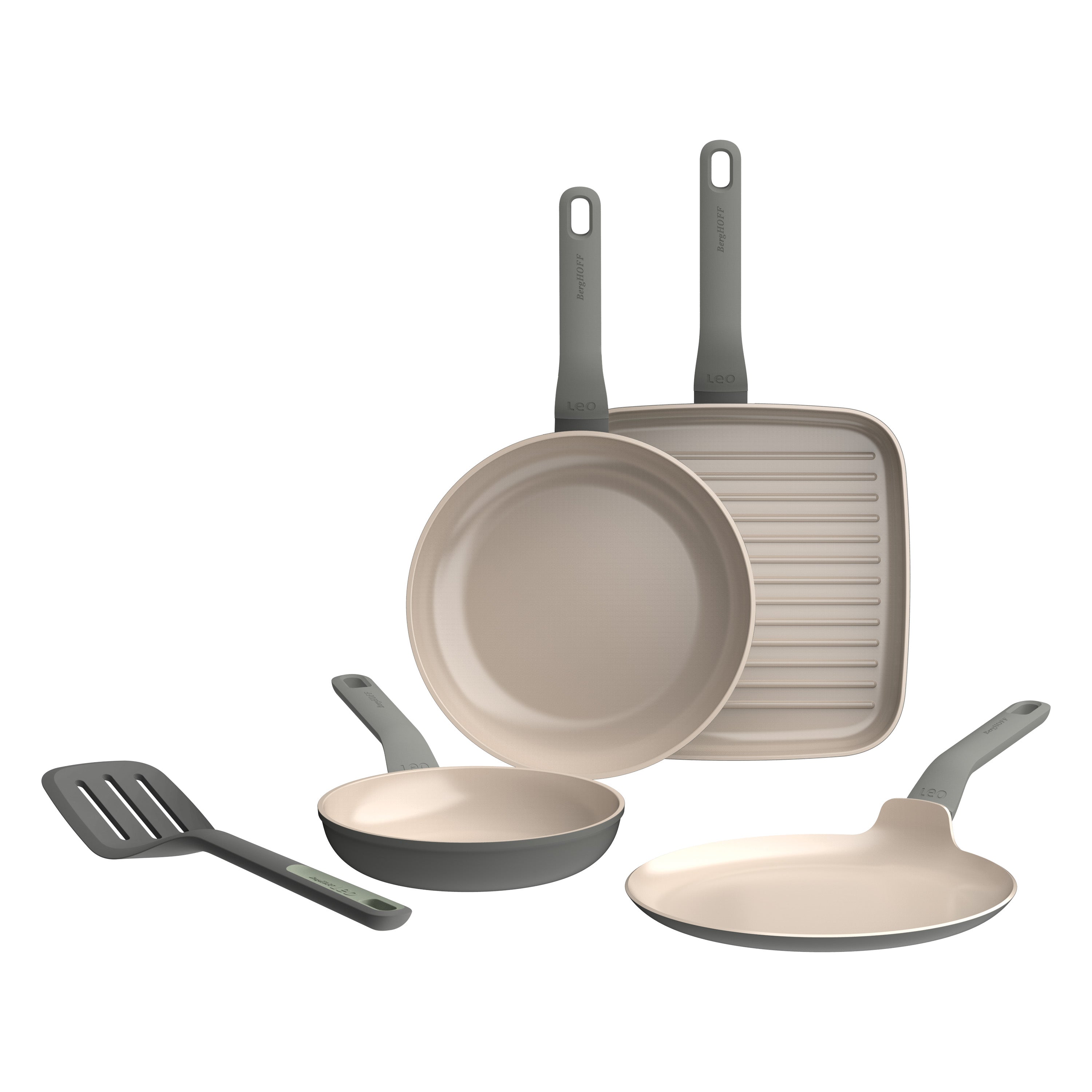 BergHOFF Leo Balance 5-Piece Nonstick Ceramic Frying Pan Set with Turner Spatula - Healthy Cooking for Eggs, Pancakes & Stir Fry | Dishwasher Safe & Oven Safe up to 400°F