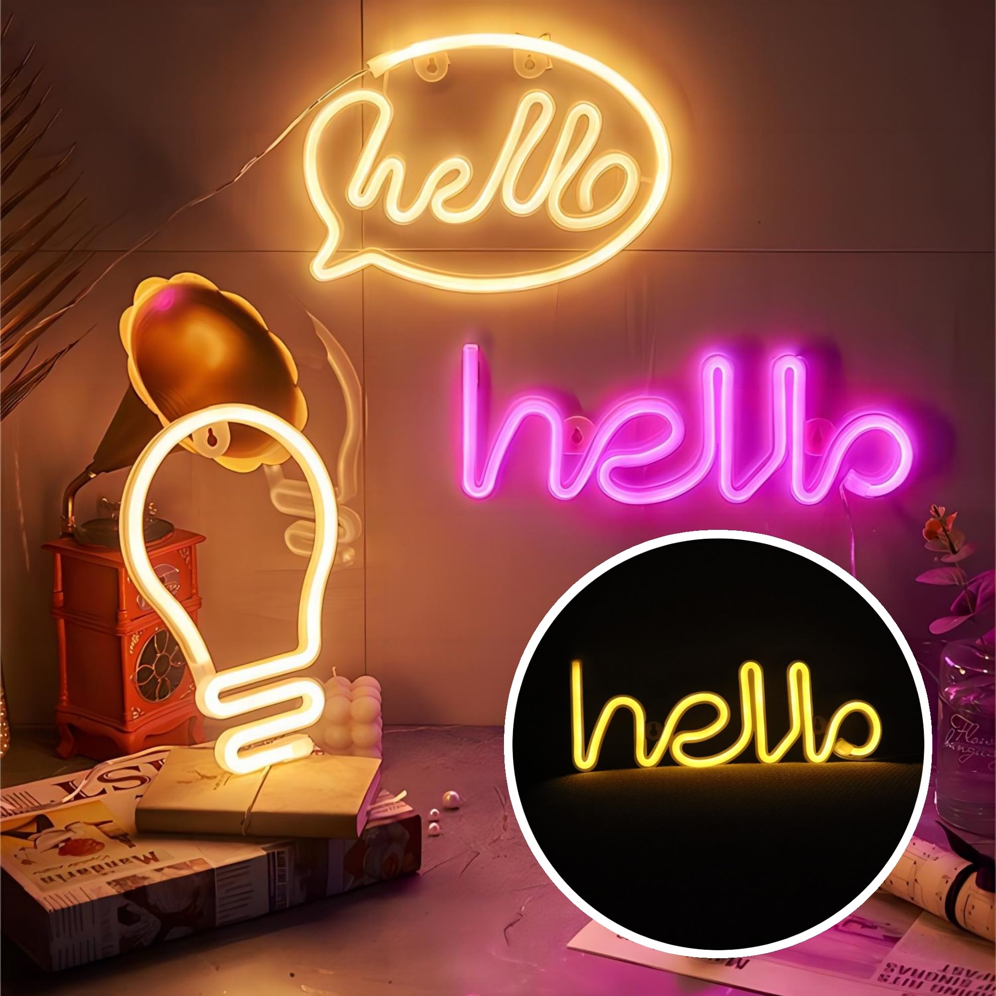 LED Hello Neon Sign - Warm White Word Art Light for Wall Decor, Christmas, Kids Room & Living Room | USB/Battery Powered | Perfect for Bedroom, Party & Home Decoration