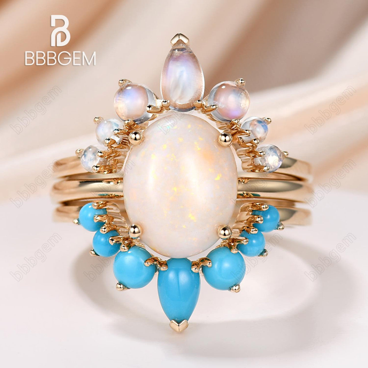 Vintage Opal Engagement Ring Set with Moonstone & Turquoise Band - 3 Piece Bridal Jewelry for Wedding, Anniversary & Special Occasions