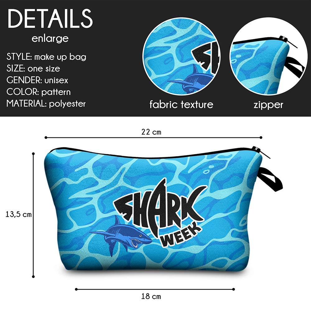 Waterproof Allover Print Makeup Bag Cosmetic Organizer Pouch for Women - Travel Toiletry Bag, Gym Essentials, Makeup Storage (Shark Week Design)