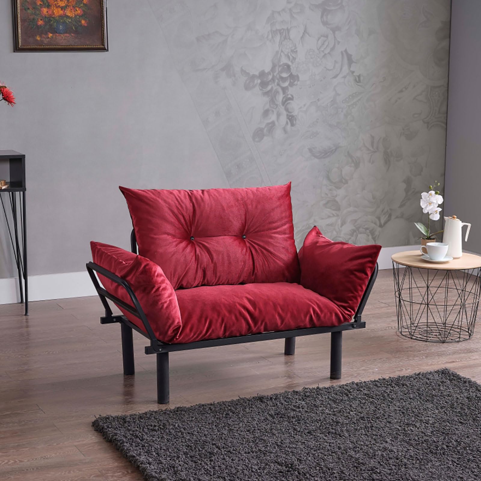 Mojay 2-Seater Plush Chenille Upholstered Futon Love Seat with Metal Frame - Red | Convertible Sofa Bed for Small Spaces, Living Room, Dorm & Apartment | Comfortable Lounge Seating for Relaxing & Napping