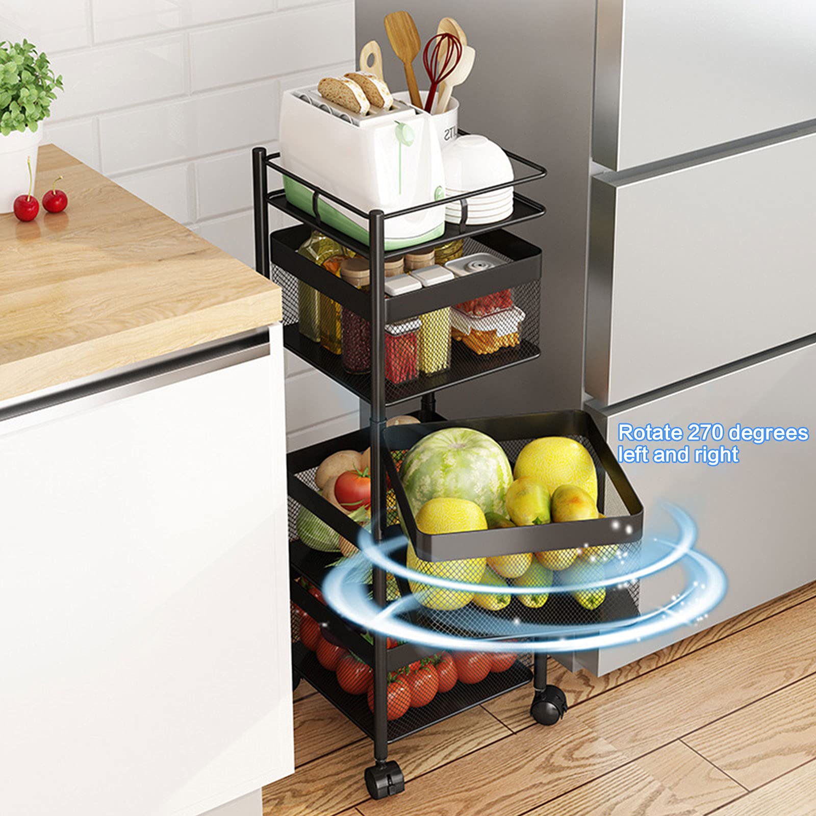 4-Tier Rotating Storage Cart with Lockable Wheels - Mobile Utility Organizer for Kitchen, Living Room, Bathroom - Black (Large) | Perfect for Spice Storage, Bathroom Essentials & Living Room Organization
