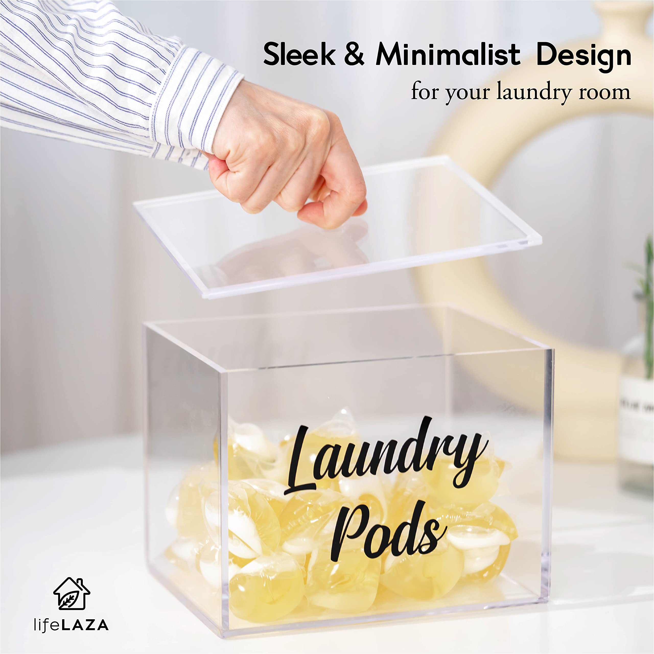Premium Clear Acrylic Laundry Pods Container with Lid - Tide Pod Storage Organizer for Laundry Detergent Capsules | Space-Saving Laundry Room Decor & Dispenser for Easy Pod Access