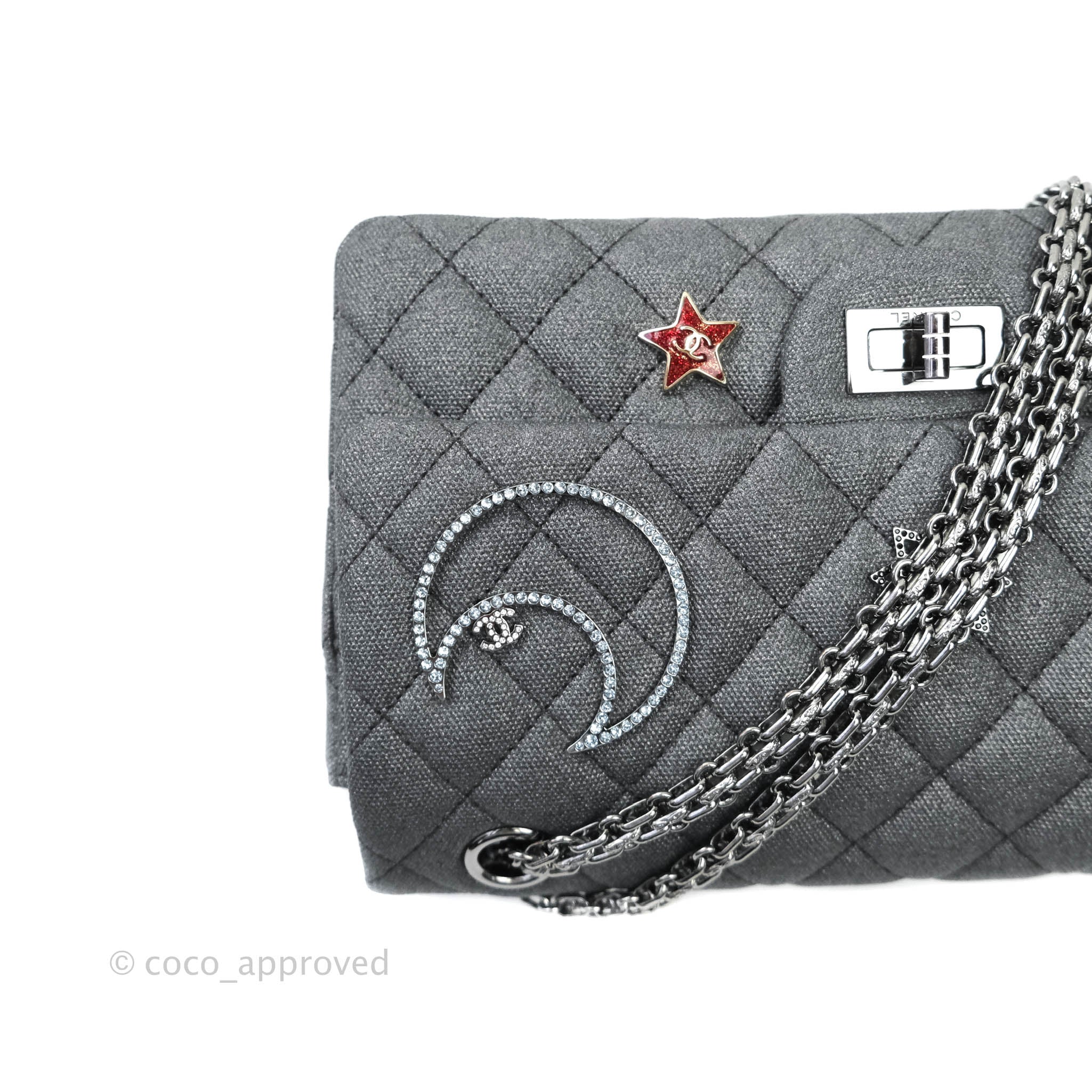 Chanel 2.55 Reissue Lucky Charms 225 Flap Bag in Iridescent Metallic Grey Canvas with Gun Metal Hardware - Perfect for Evening Events & Luxury Fashion Collectors