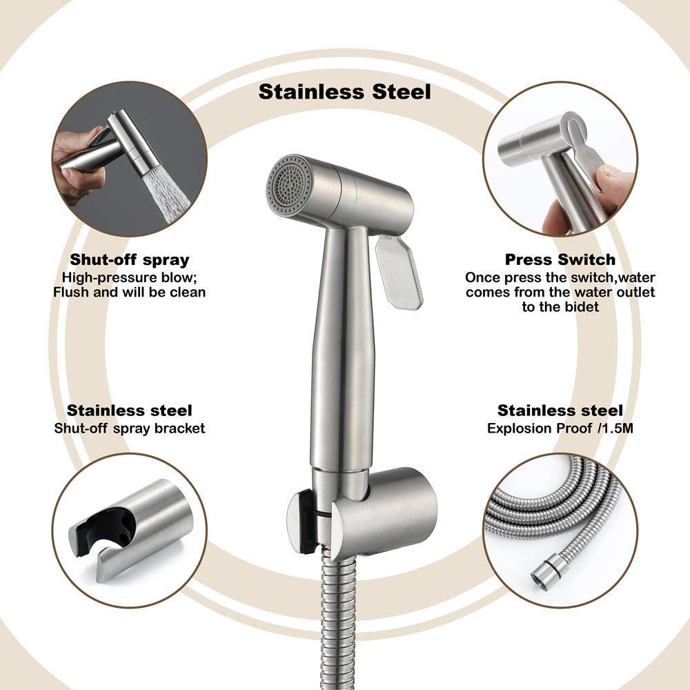 Stainless Steel Handheld Sprayer Kit - Brushed Faucet Spray Gun with Toilet Flusher for Bathroom & Kitchen Cleaning (Shower, Sink, Pet Washing)