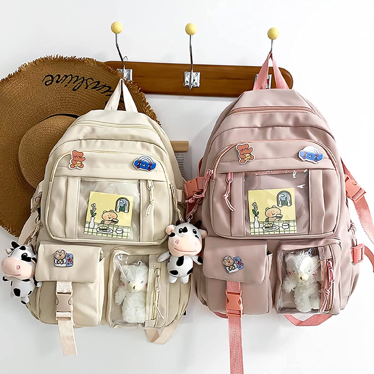 Cute Aesthetic Backpack for Women - Lightweight Travel Backpack with Kawaii Badge Pins & Keychain Pendant - Perfect for School, Work, Travel and Daily Use