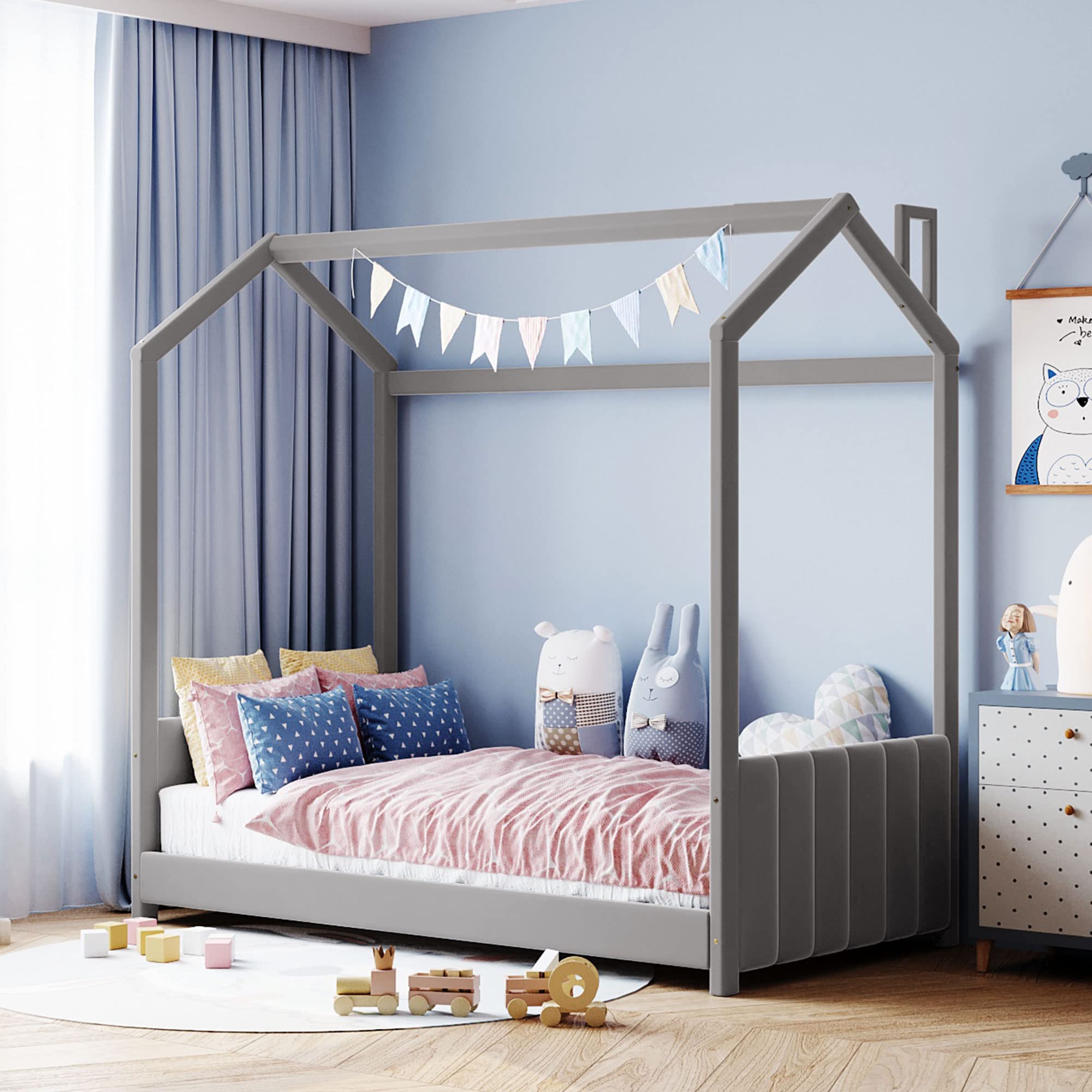 P PURLOVE Twin Size Velvet House Bed Frame - Wooden Montessori Kids Bed with Roof, Headboard & Footboard | Playhouse Floor Bed for Toddlers, Boys & Girls | Perfect for Bedrooms, Playrooms & Montessori Learning Spaces