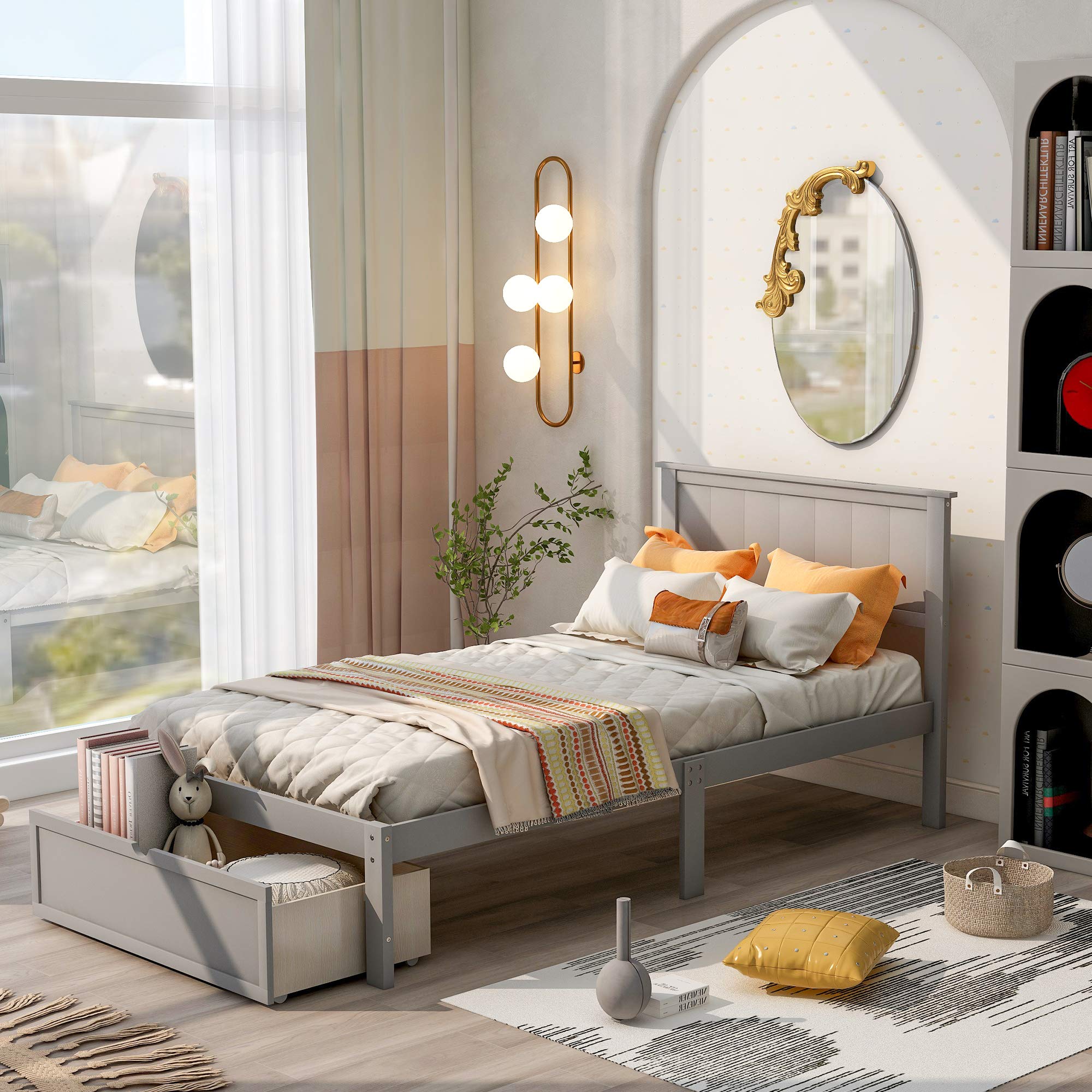 **Twin Size Wood Platform Bed Frame with Shiplap Headboard & Under Bed Storage Drawers on Wheels - No Box Spring Needed, Includes Slats - Perfect for Kids Rooms, Guest Beds & Small Spaces**